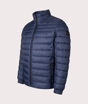 BOSS Oden 2 Packable Jacket in Dark Blue at EQVVS Menswear. Angled Shot.