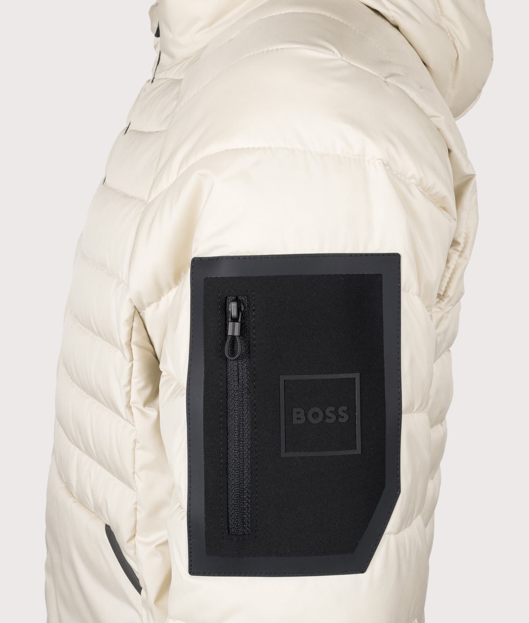 Urbanex Hooded Jacket in Open White | BOSS | EQVVS | Side detail shot 