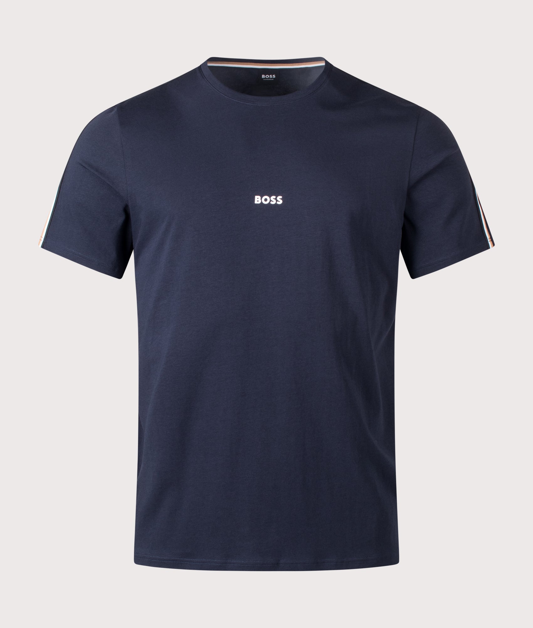 BOSS Stripe Tape Pyjama T-Shirt in Dark Blue at EQVVS Menswear. Front shot.
