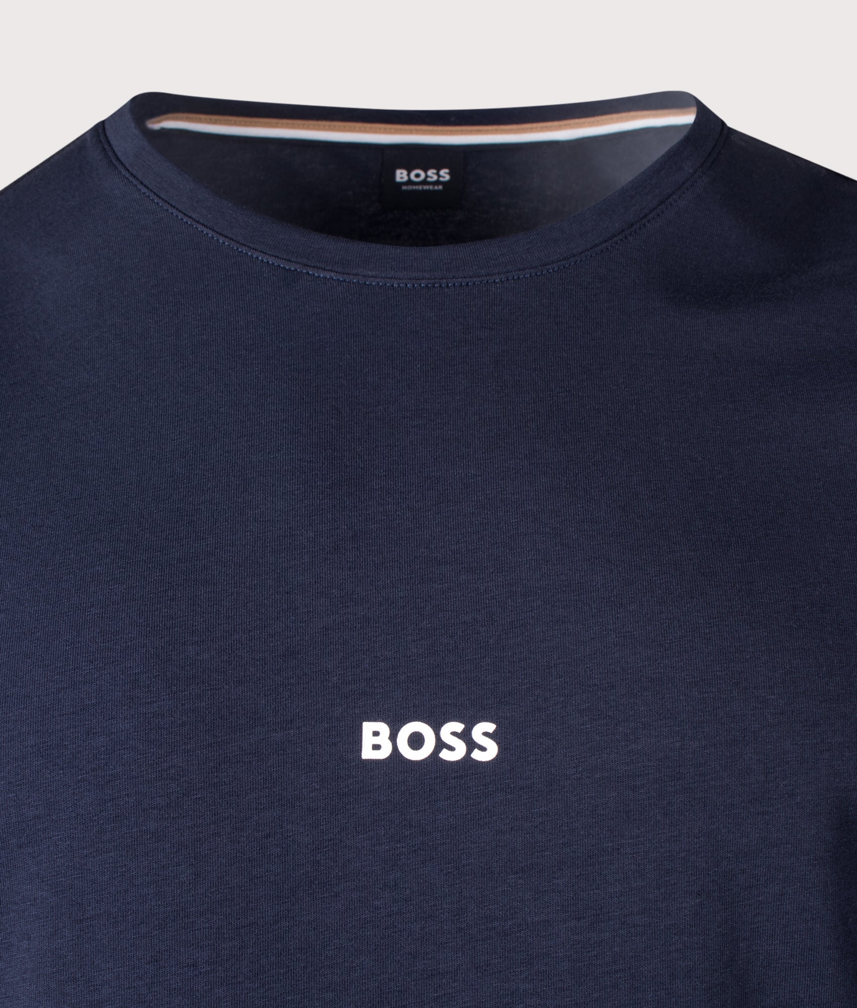 BOSS Stripe Tape Pyjama T-Shirt in Dark Blue at EQVVS Menswear. Detail shot.