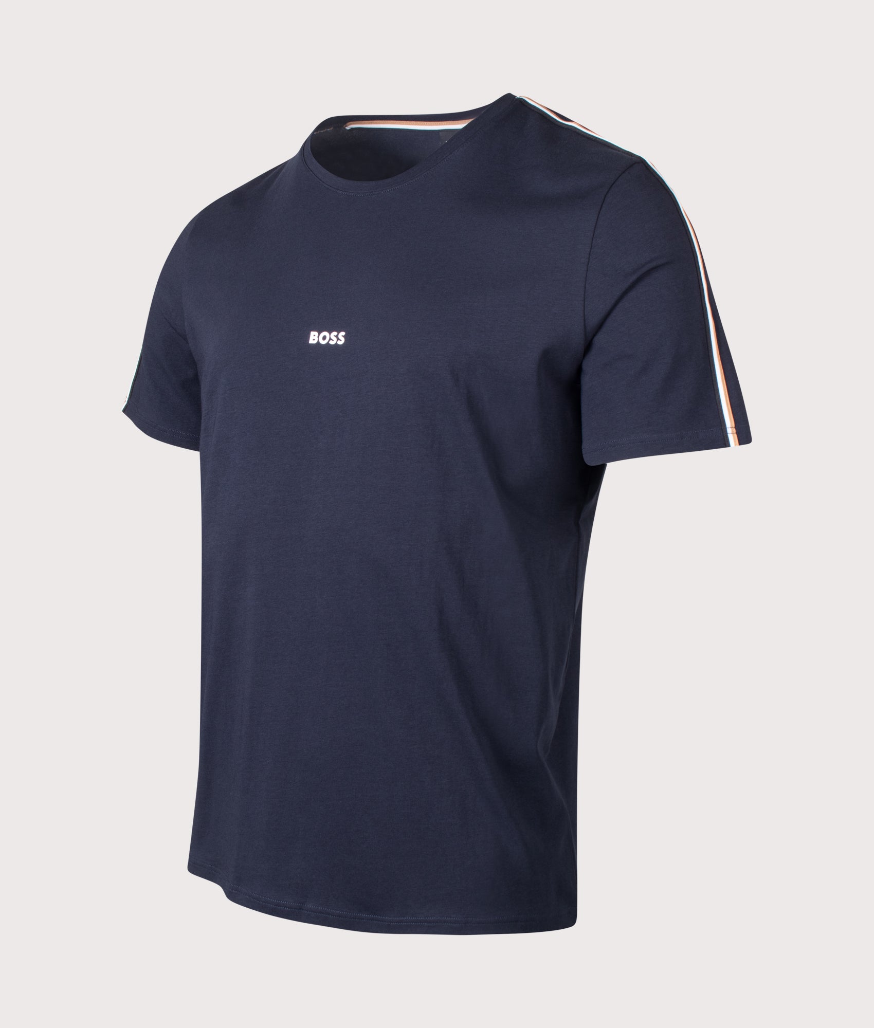 BOSS Stripe Tape Pyjama T-Shirt in Dark Blue at EQVVS Menswear. Angled front shot.