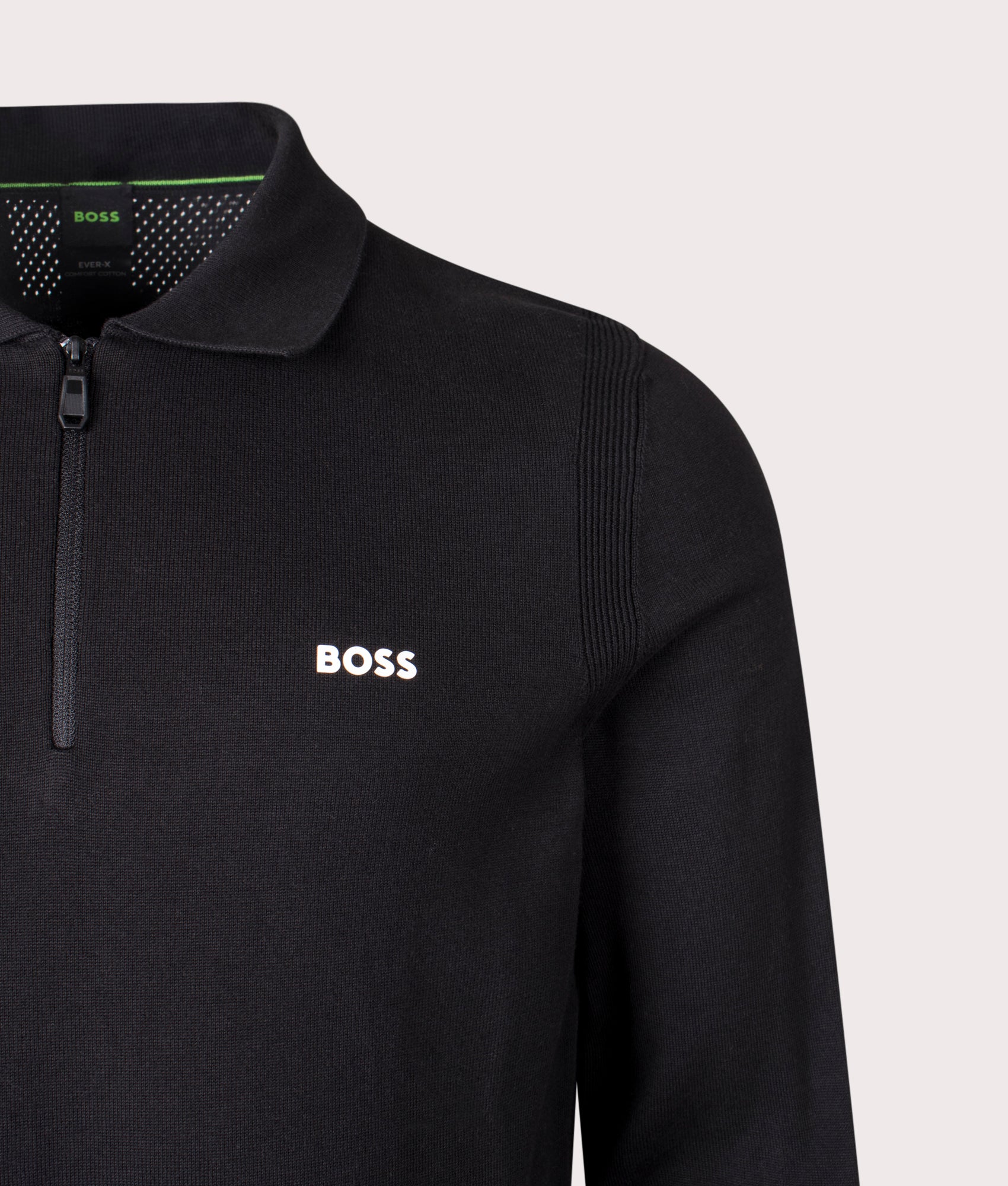 Ever X Knitted Polo Shirt in Black | 100% Cotton | BOSS | EQVVS | Front detail shot 
