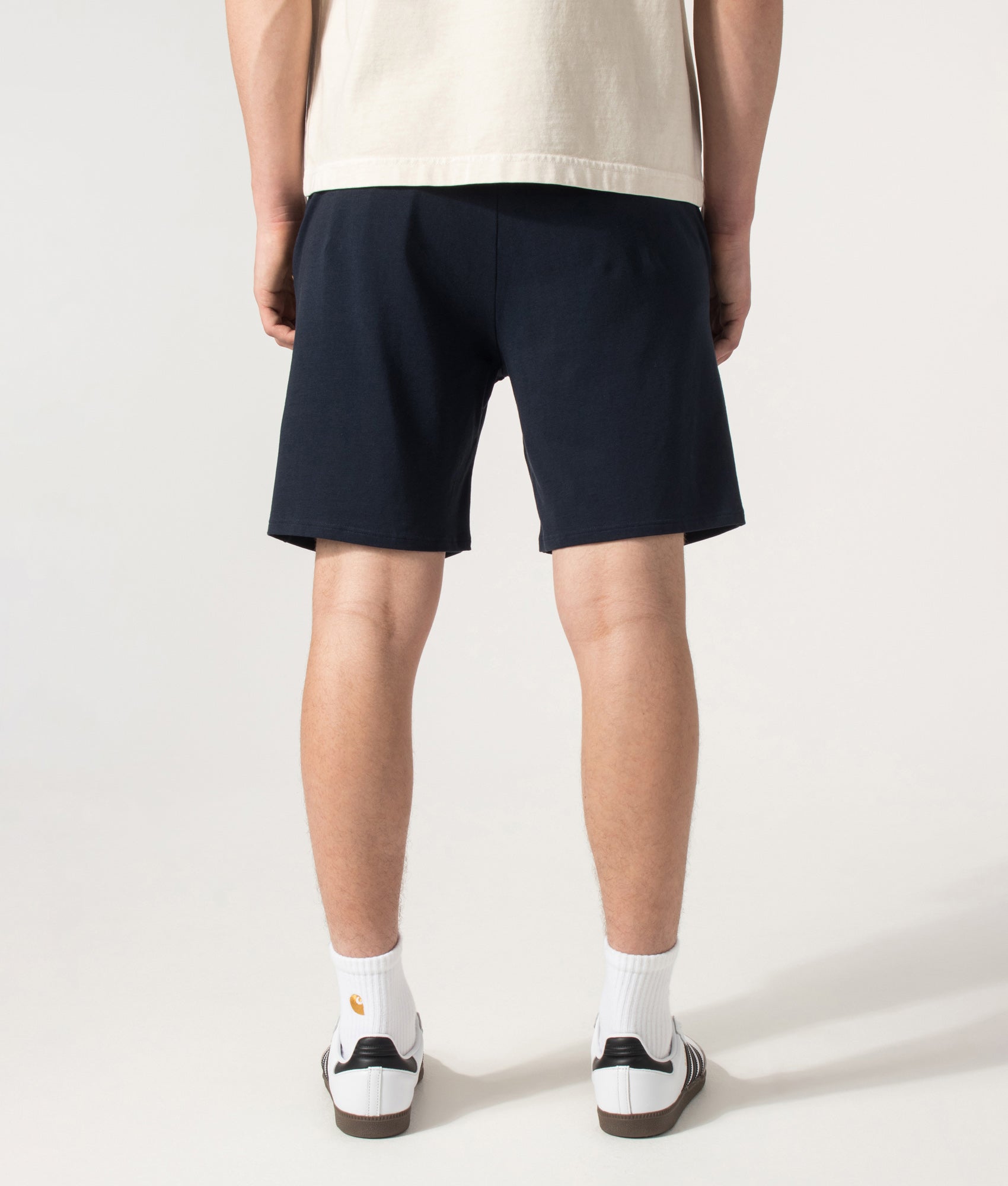 BOSS Unique Lounge Shorts in Dark Blue at EQVVS Menswear. Back shot.