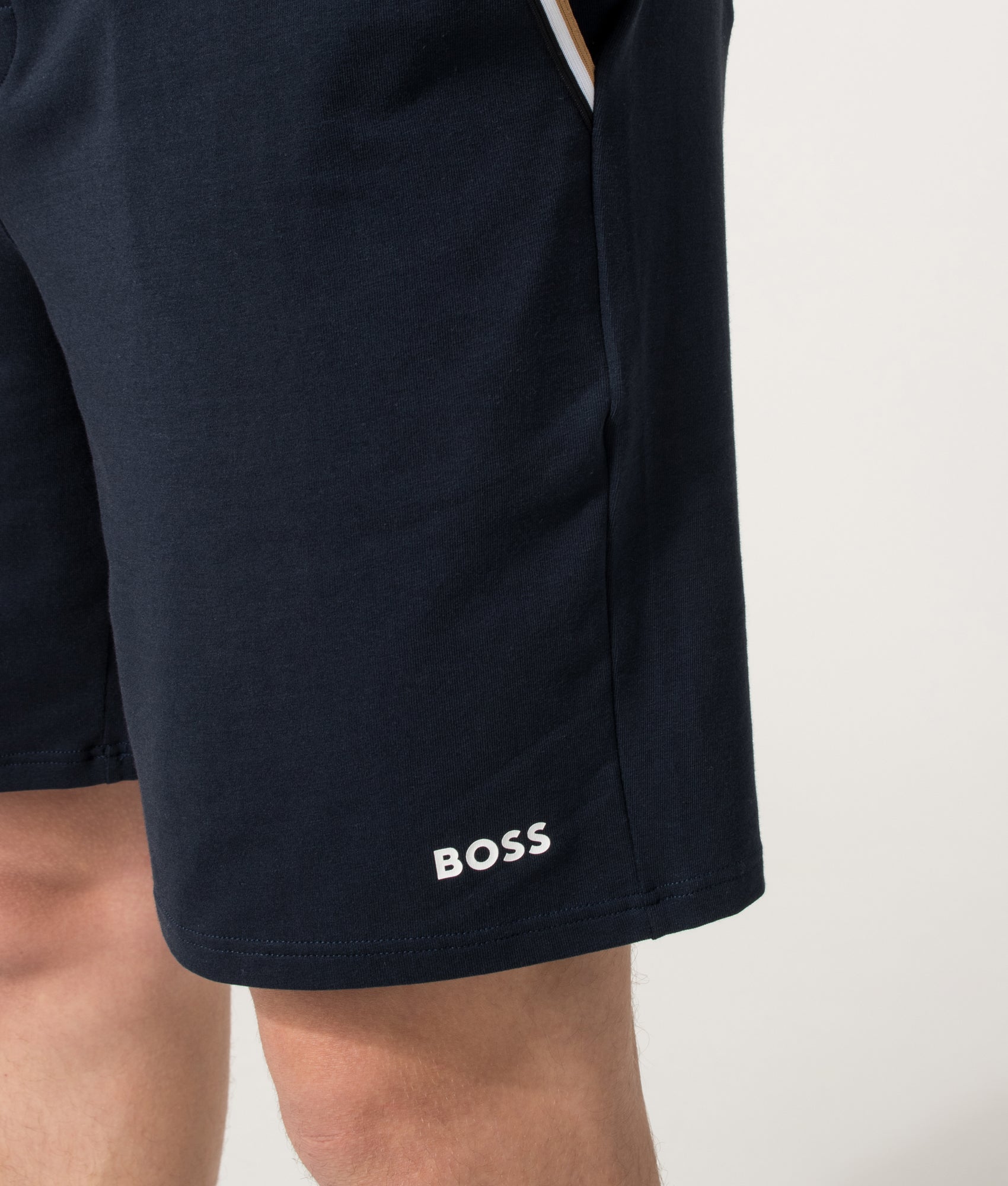 BOSS Unique Lounge Shorts in Dark Blue at EQVVS Menswear. Detail shot.