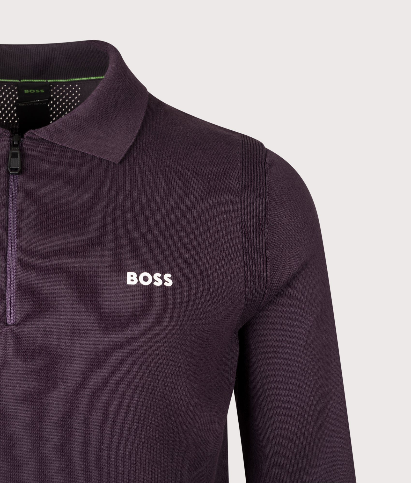 Ever-X Knitted Long Sleeve Polo Shirt in Medium Purple | 100% Cotton | BOSS | EQVVS |Front detail shot 