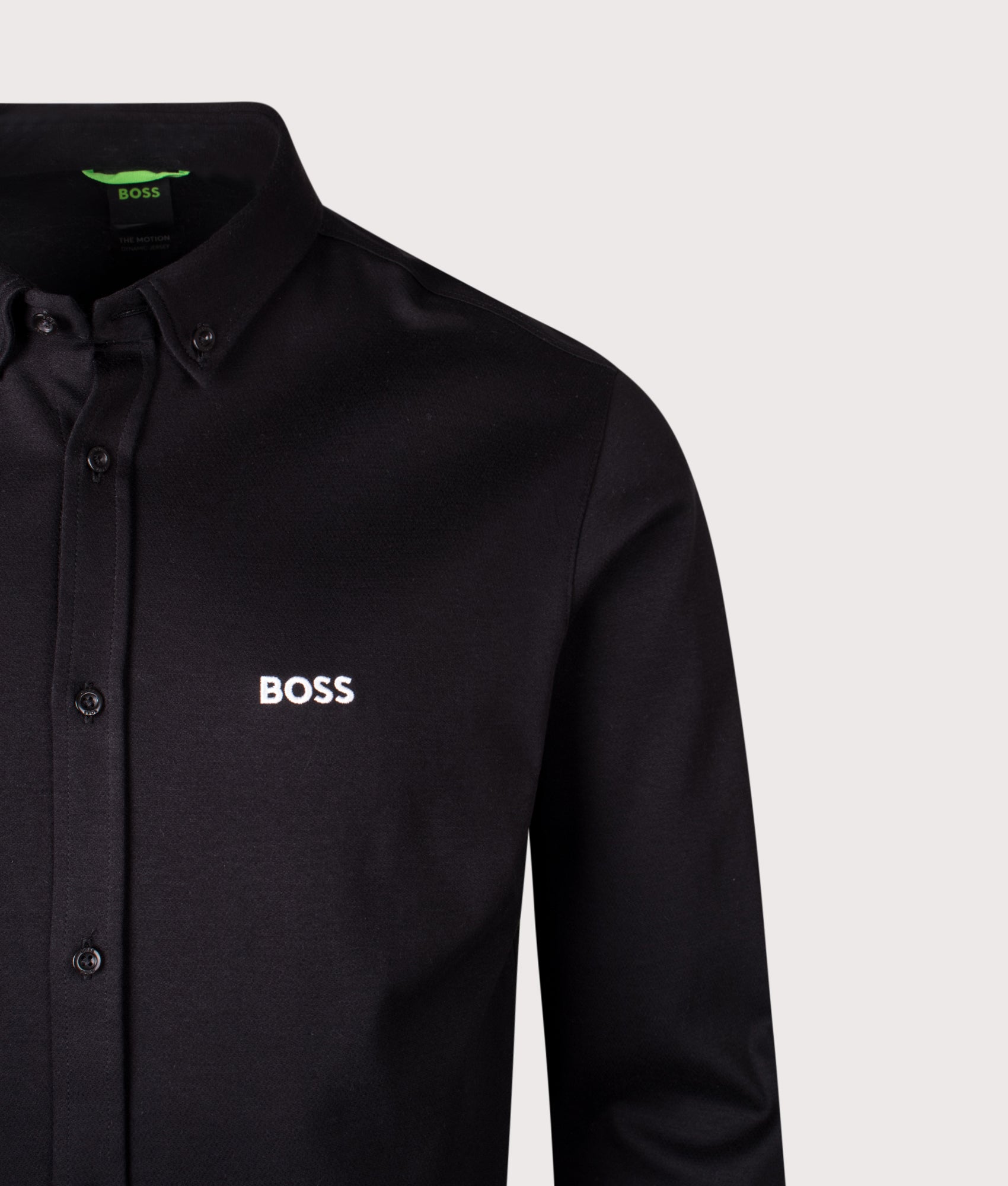Motion Shirt in Black | 100% Cotton | BOSS | EQVVS | Front detail shot 