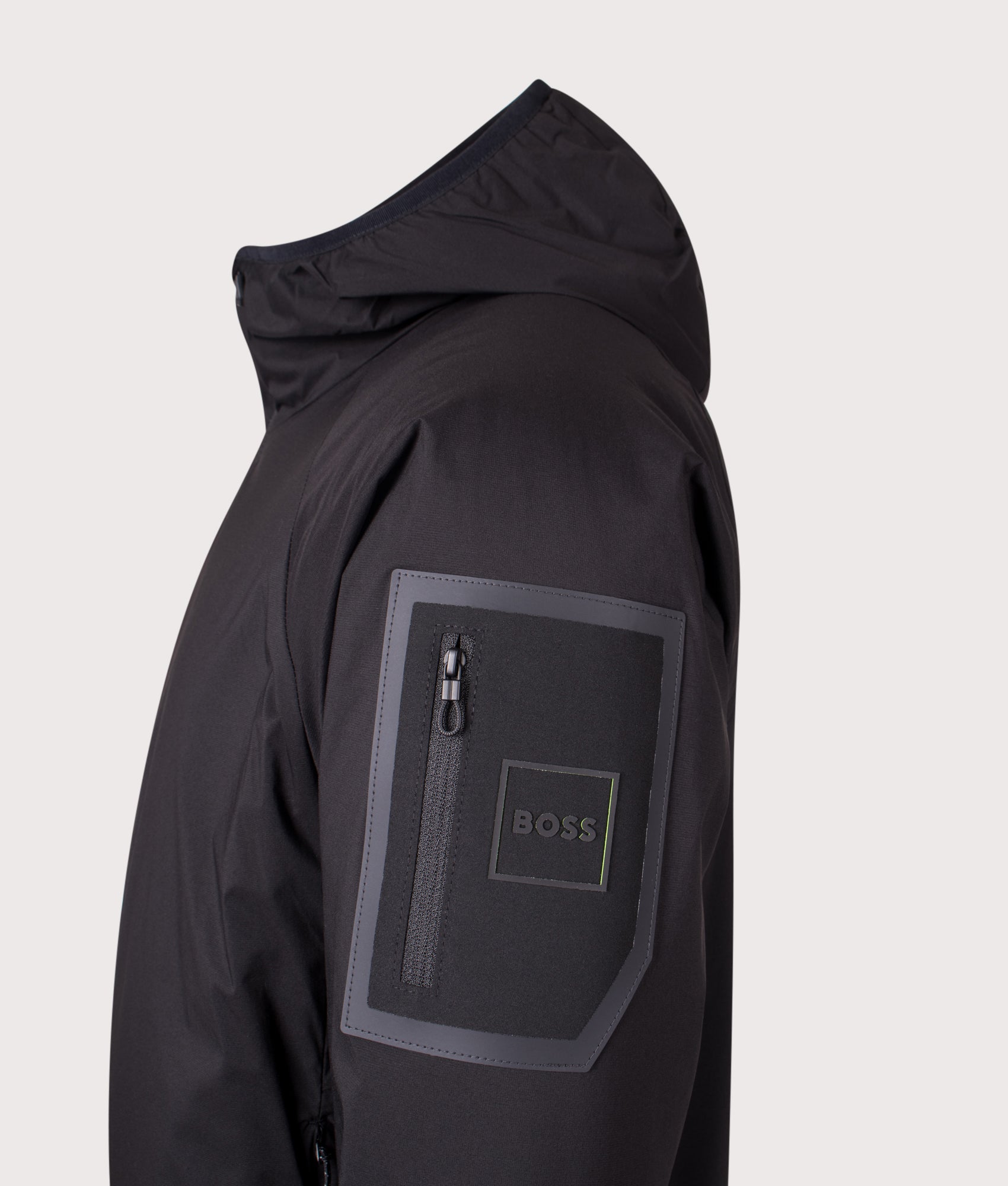 BOSS Lite X Hooded Jacket in Black at EQVVS Menswear. Detail shot.