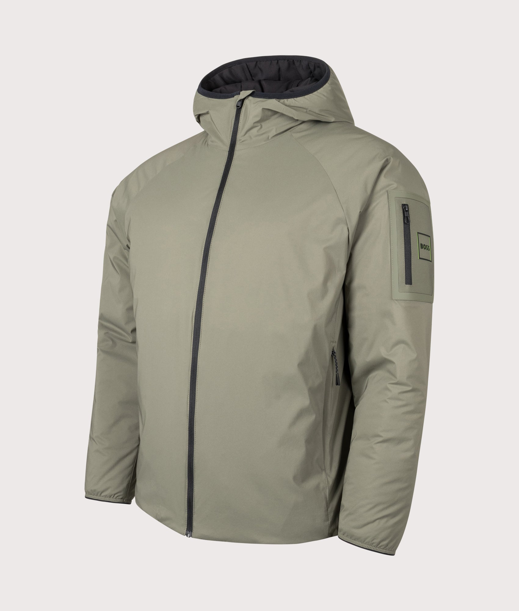 Lite X Hooded Jacket in Dark Beige | BOSS | EQVVS | Front angle shot 