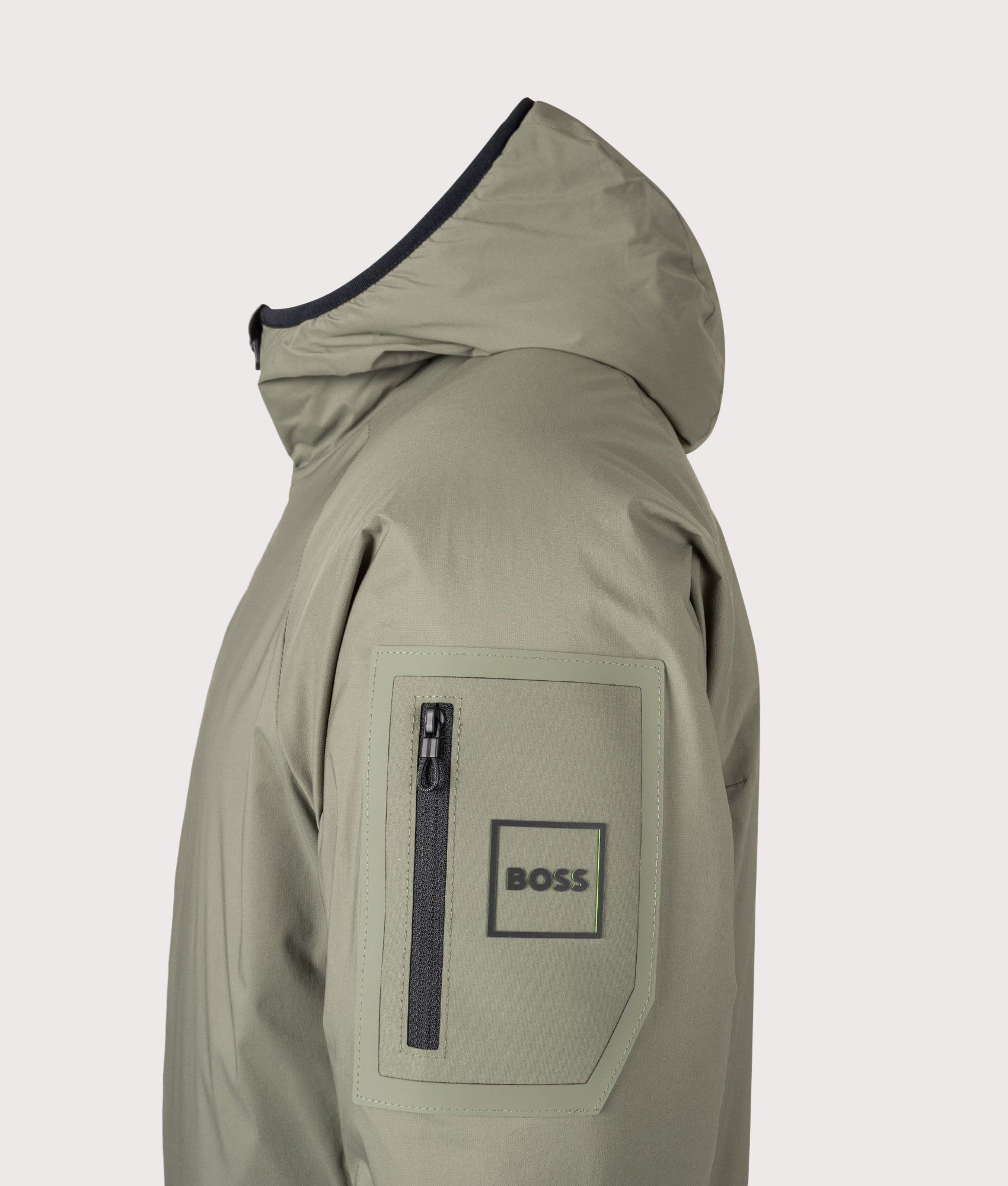 Lite X Hooded Jacket in Dark Beige | BOSS | EQVVS | Side detail shot