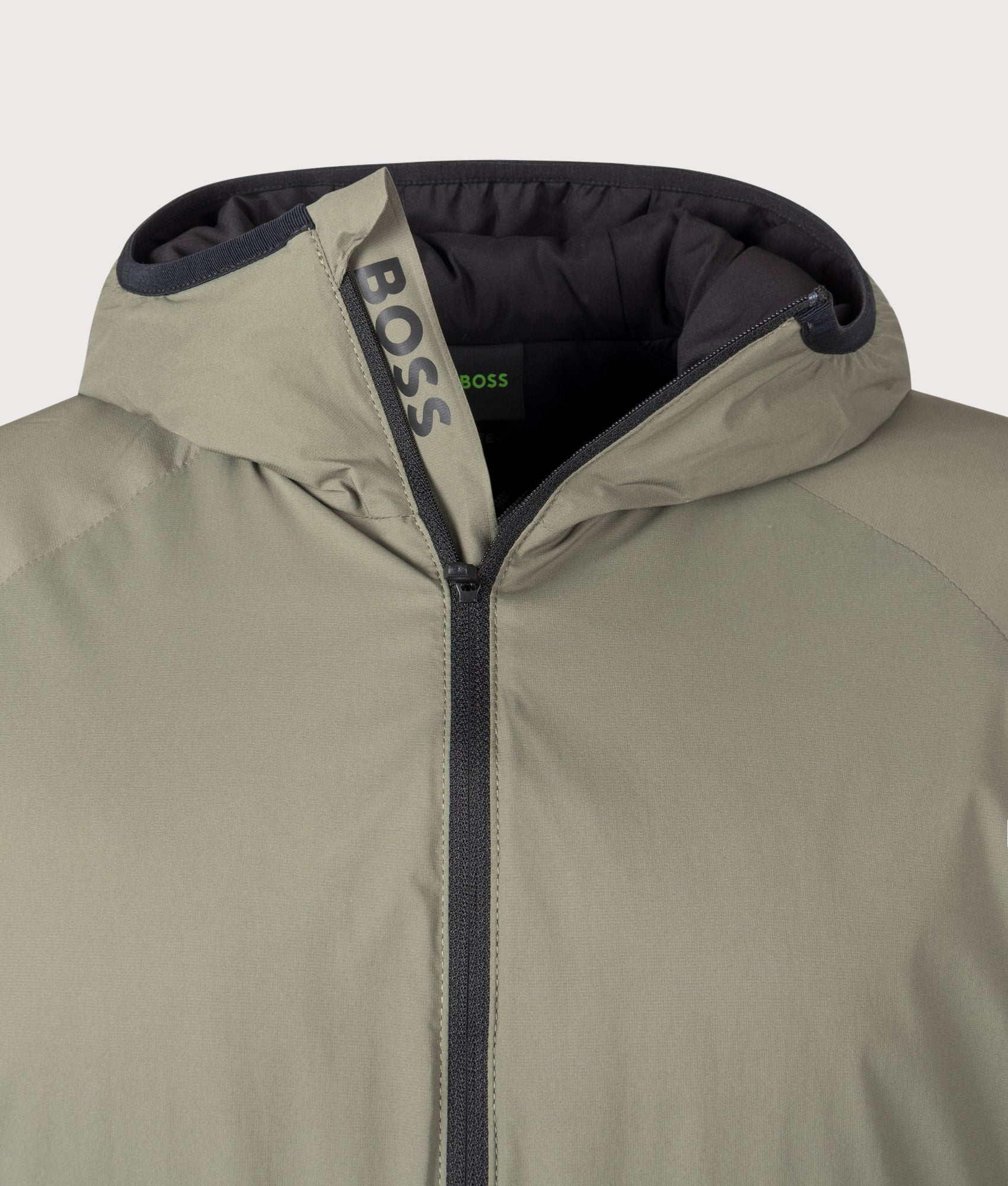 Lite X Hooded Jacket in Dark Beige | BOSS | EQVVS | Front detail shot 