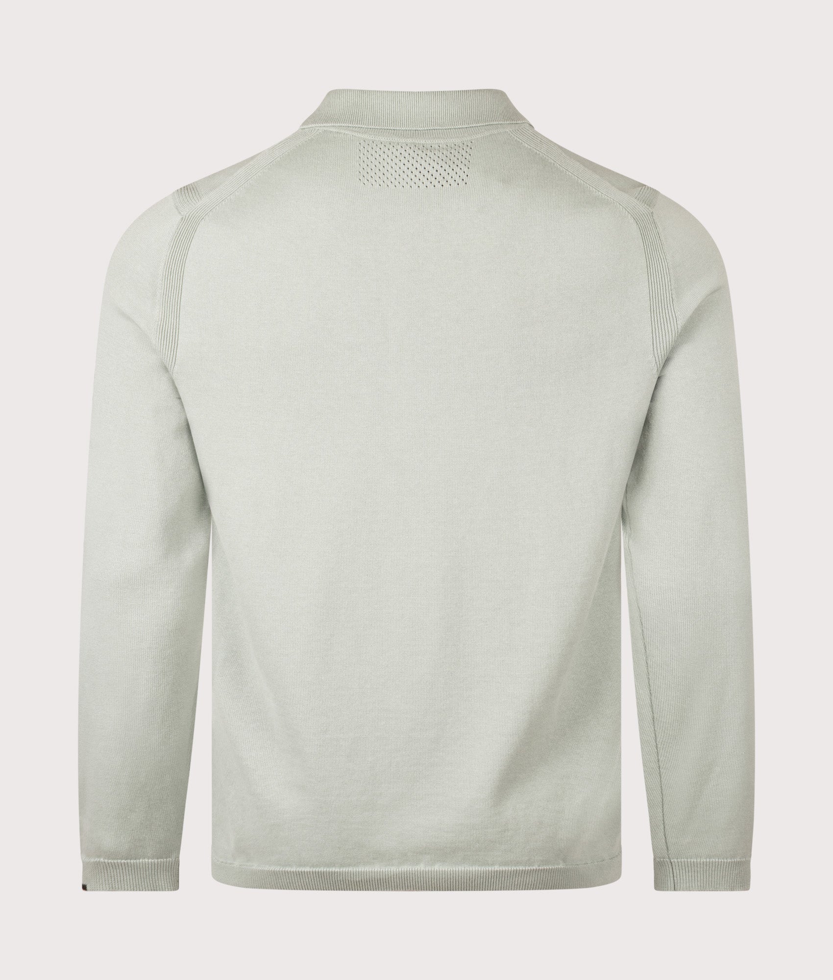 BOSS Ever-X Knitted Long Sleeve Polo Shirt in Open Green at EQVVS Menswear. Back shot.