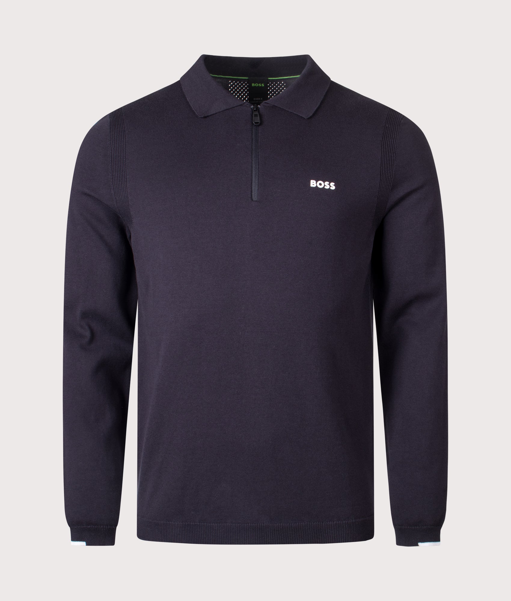 Ever-X Knitted Long Sleeve Polo Shirt in Dark Blue | 100% Cotton | BOSS | EQVVS | Front shot 