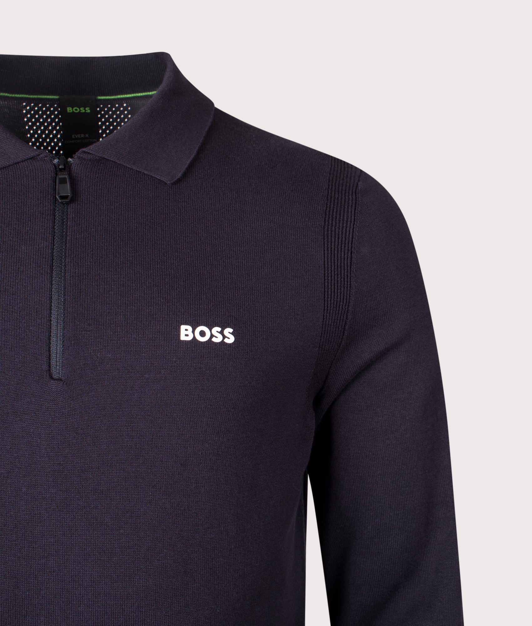Ever-X Knitted Long Sleeve Polo Shirt in Dark Blue | 100% Cotton | BOSS | EQVVS | Front angle shot 