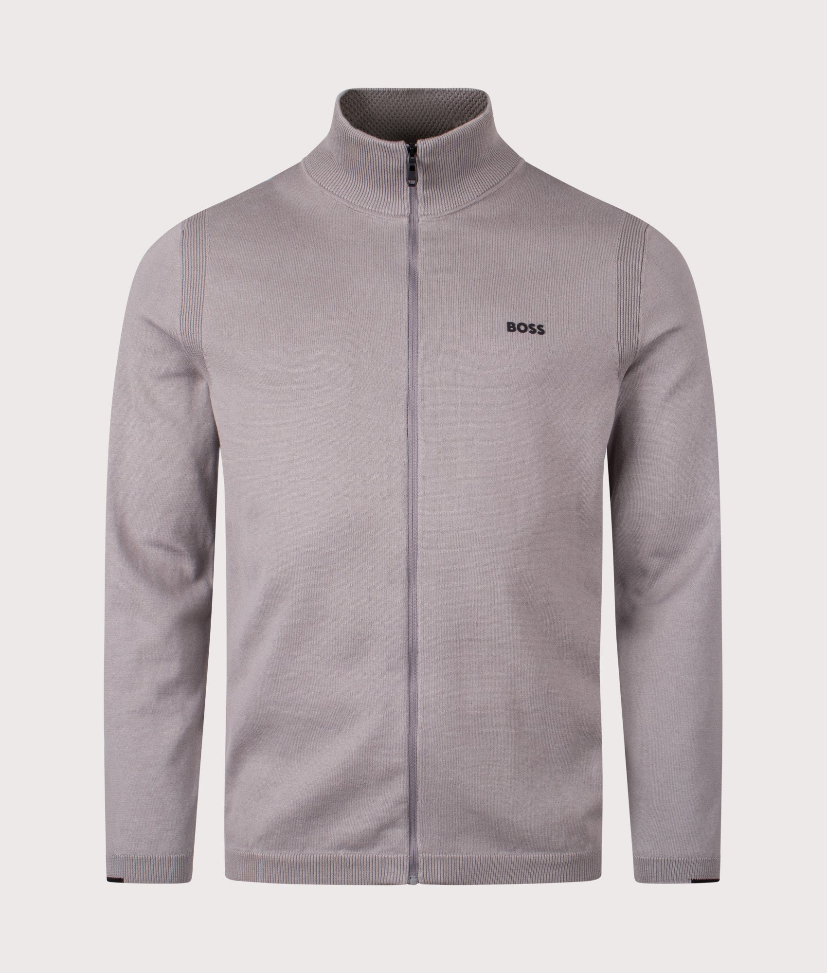 BOSS Ever-X Zip Through Knit in Open Grey at EQVVS Menswear. Front shot.