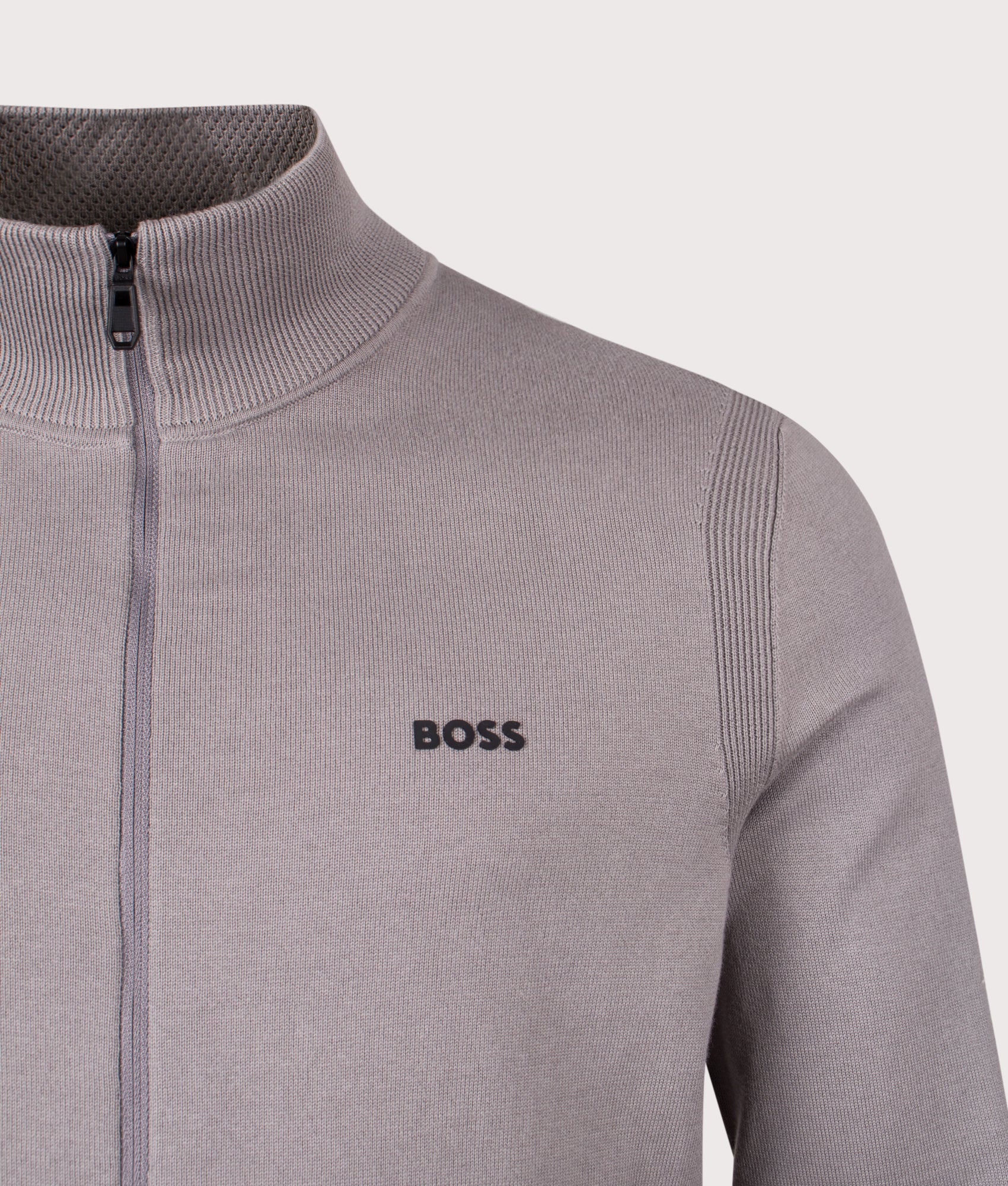 BOSS Ever-X Zip Through Knit in Open Grey at EQVVS Menswear. Detail shot.
