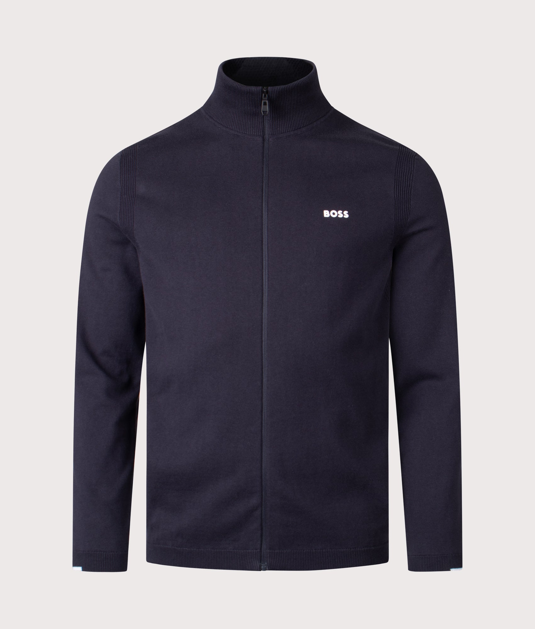 BOSS Ever-X Zip Through Knit in Dark Blue at EQVVS Menswear. Front shot.