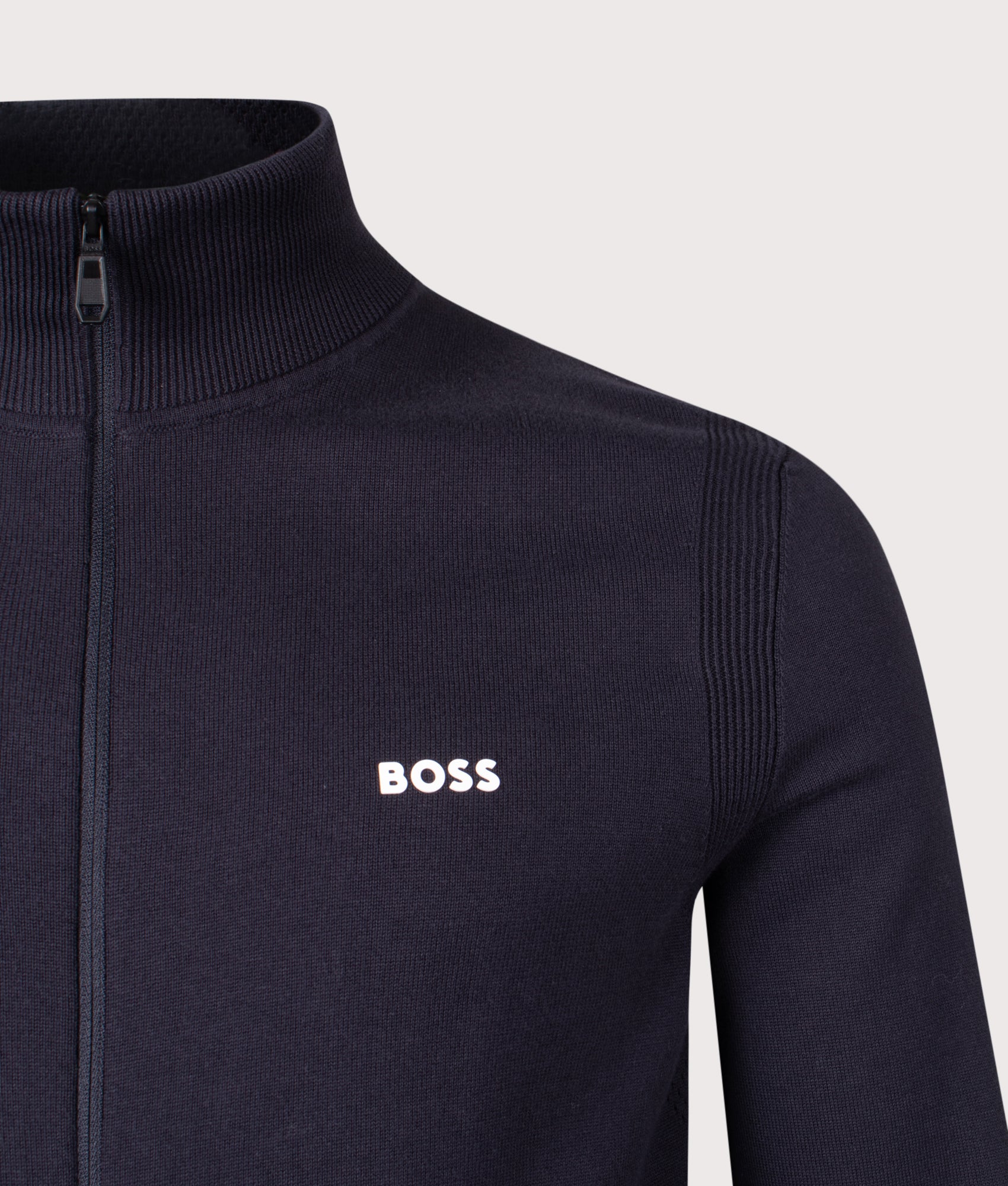 BOSS Ever-X Zip Through Knit in Dark Blue at EQVVS Menswear. Detail shot.