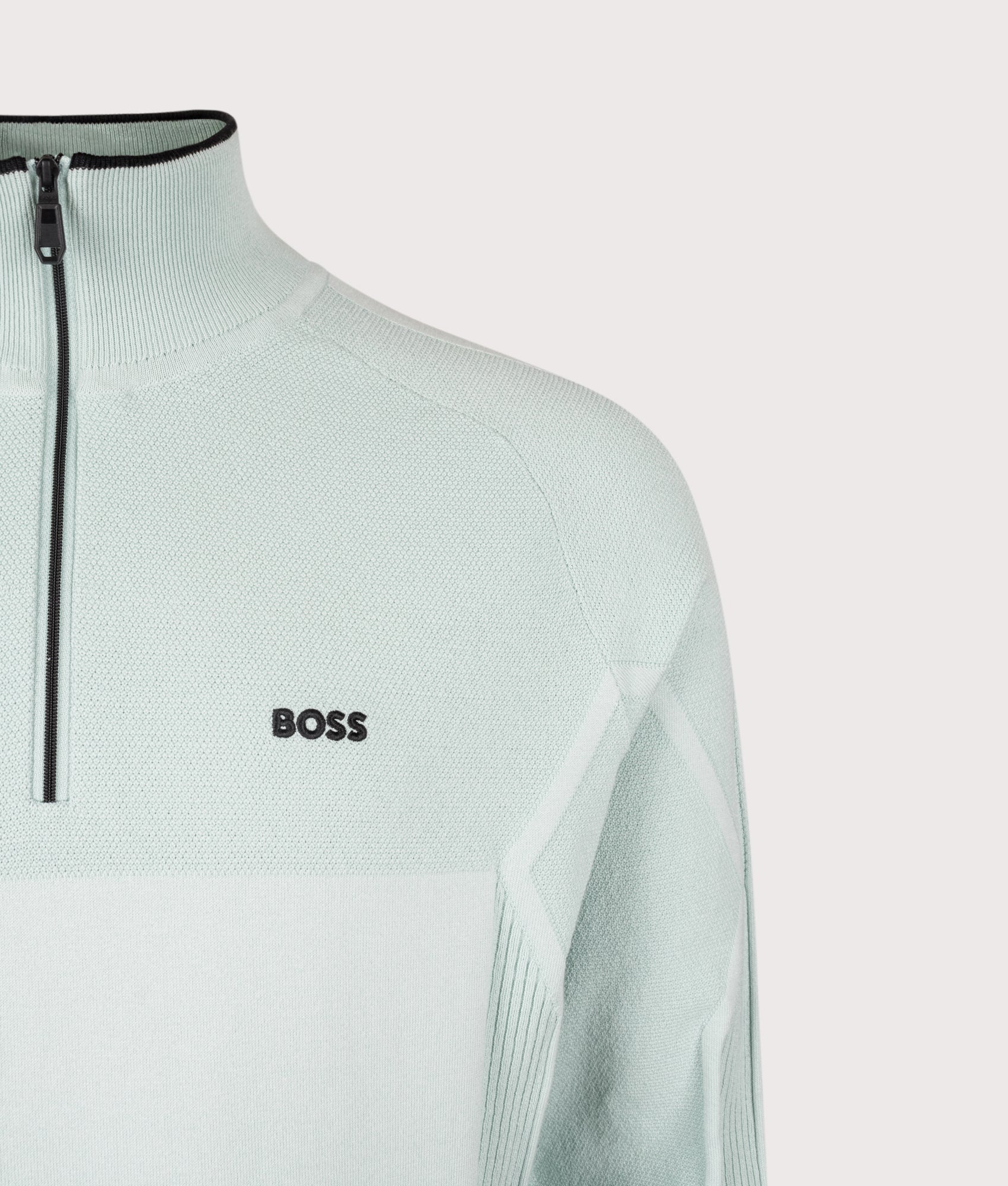 BOSS Hydro Quarter Zip Knit in Turquoise and Aqua at EQVVS Menswear. Detail shot.