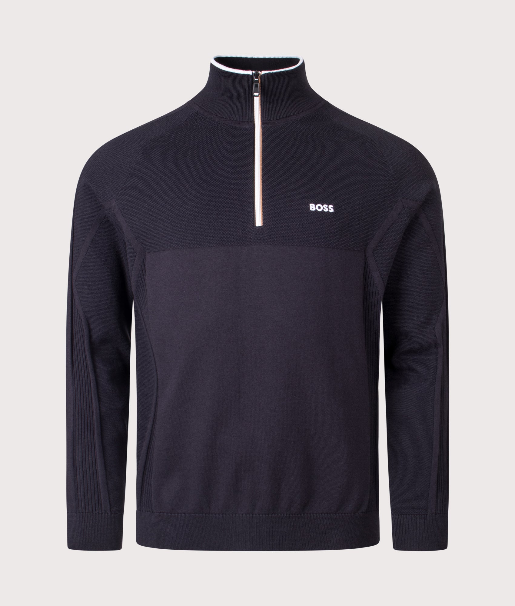 BOSS Hydro Quarter Zip Knit in Dark Blue at EQVVS Menswear. Front shot.