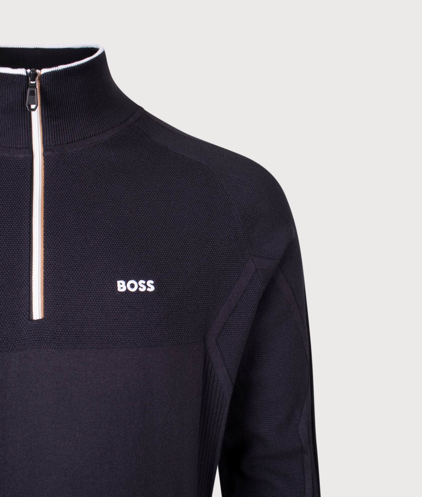 BOSS Hydro Quarter Zip Knit in Dark Blue at EQVVS Menswear. Detail shot.