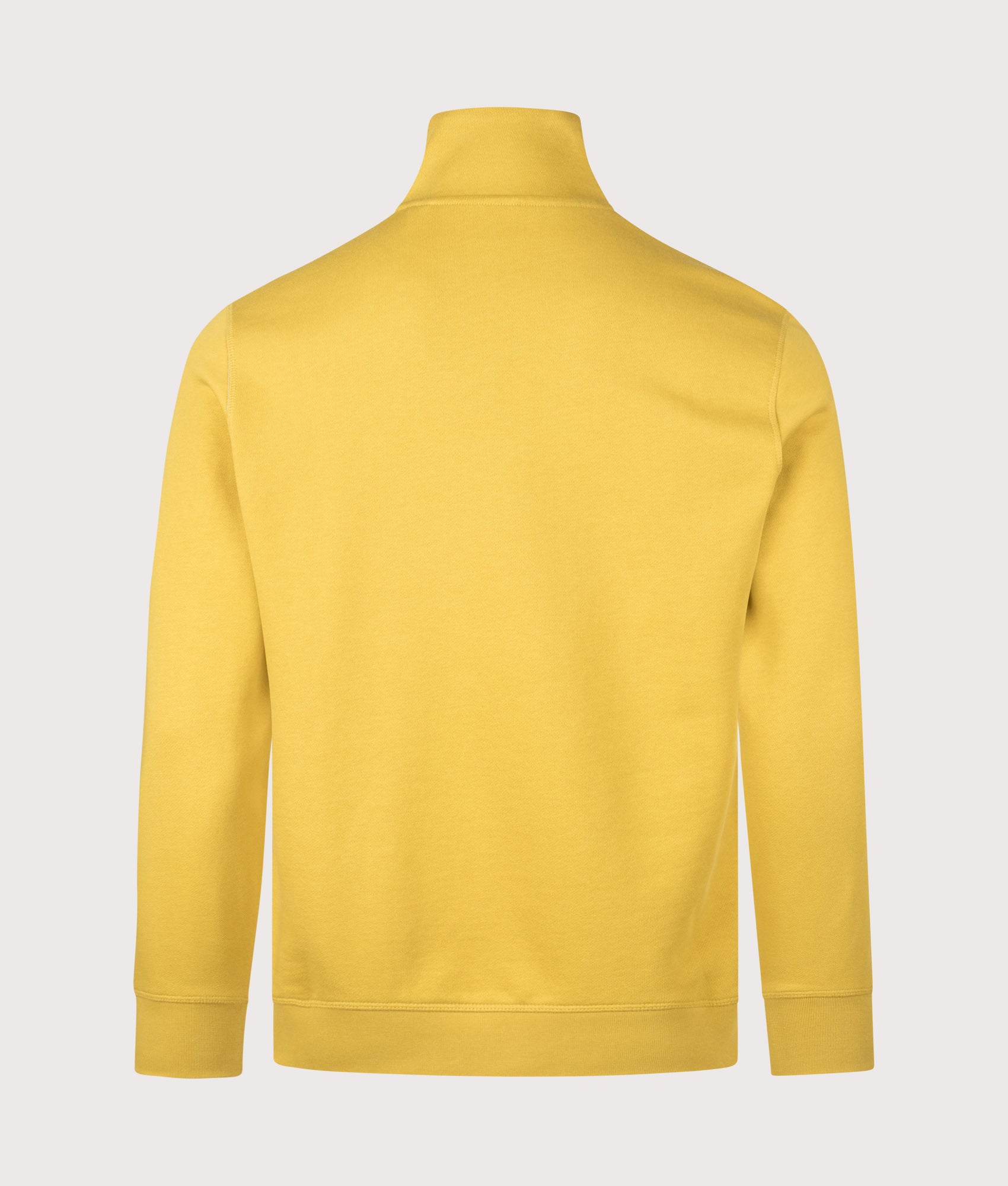 BOSS Quarter Zip Zetrust Sweatshirt in Medium Yellow at EQVVS Menswear. Back shot.
