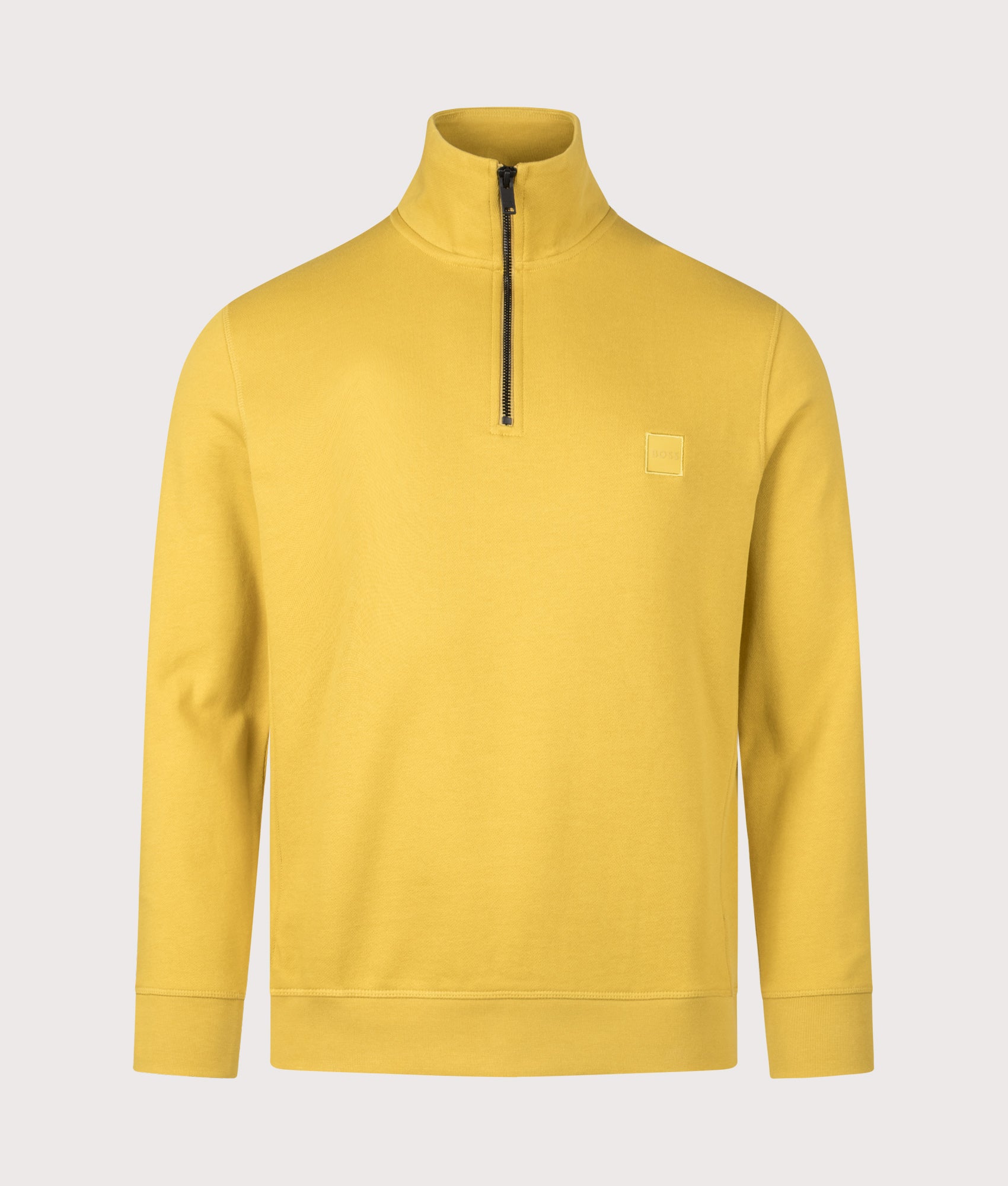 BOSS Quarter Zip Zetrust Sweatshirt in Medium Yellow at EQVVS Menswear. Front shot.