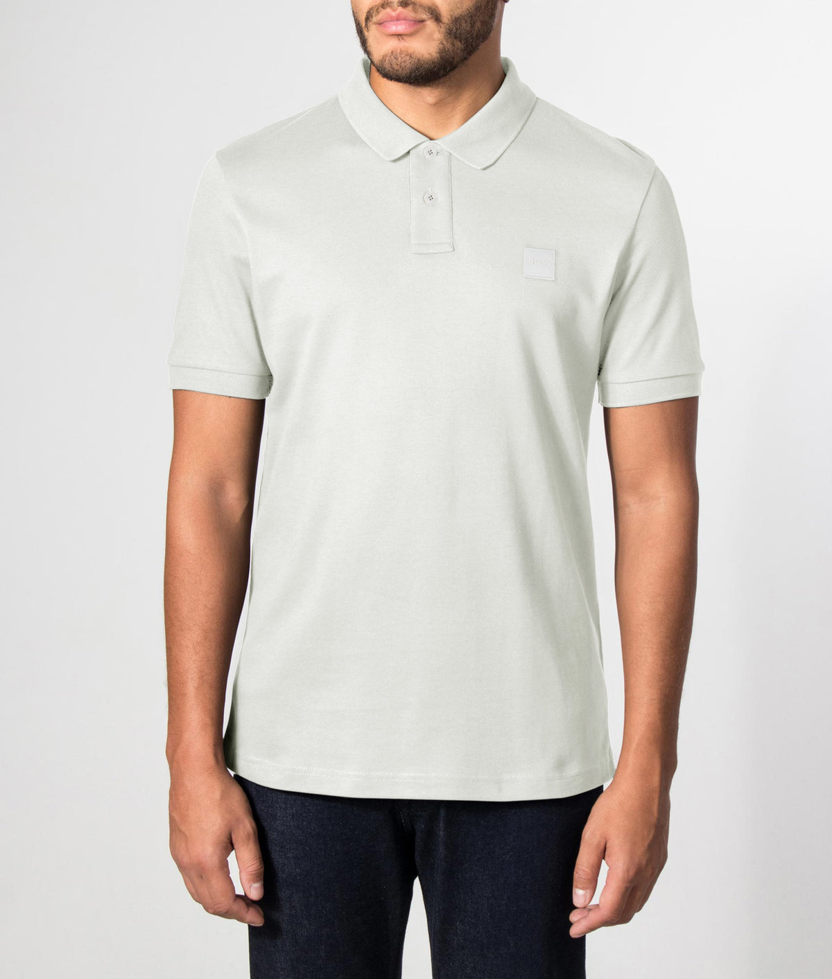 Slim Fit Passenger Polo Shirt in Silver | Cotton Stretch | BOSS | EQVVS | Front model shot 