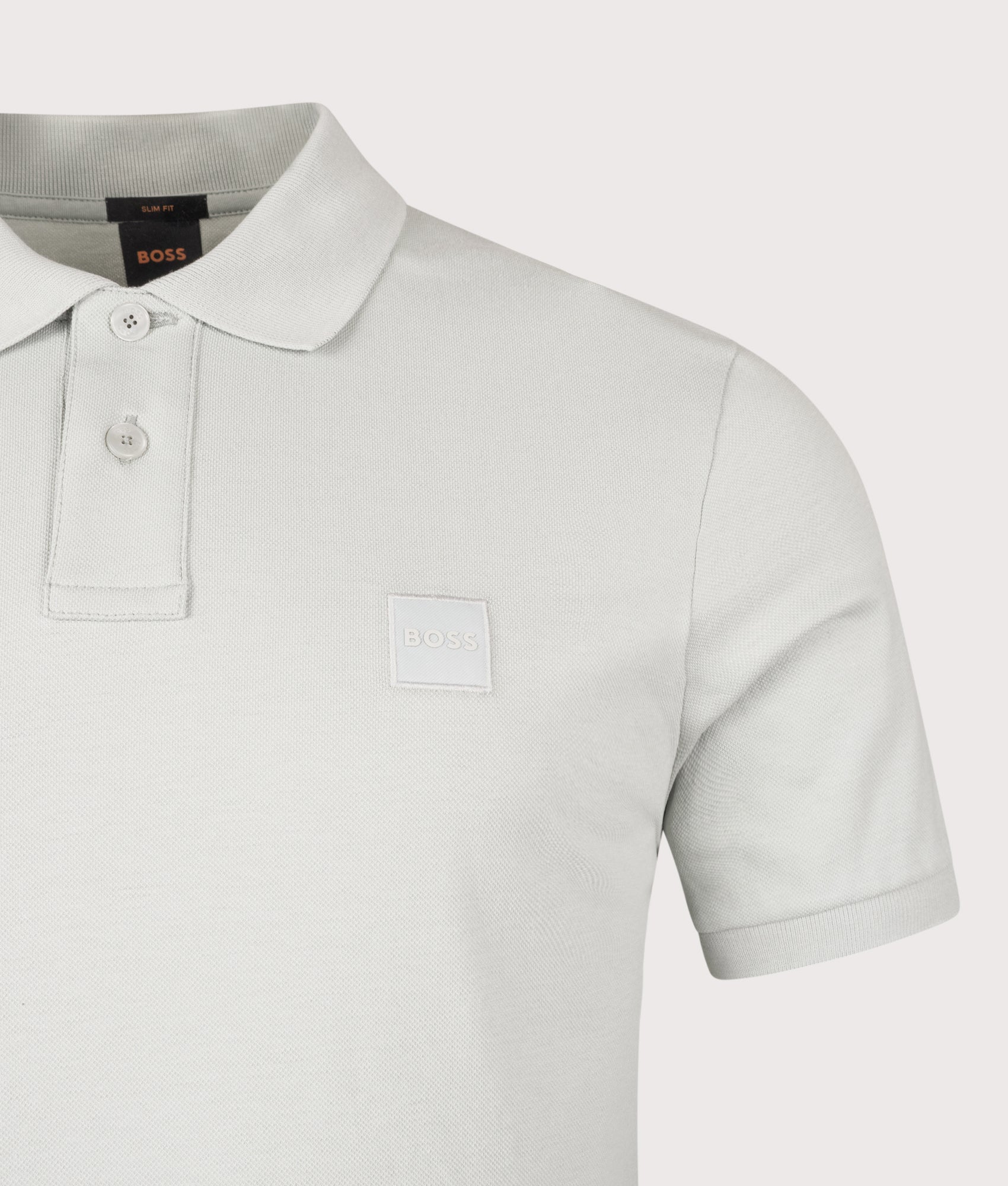 Slim Fit Passenger Polo Shirt in Silver | Cotton Stretch | BOSS | EQVVS | Front detail shot 