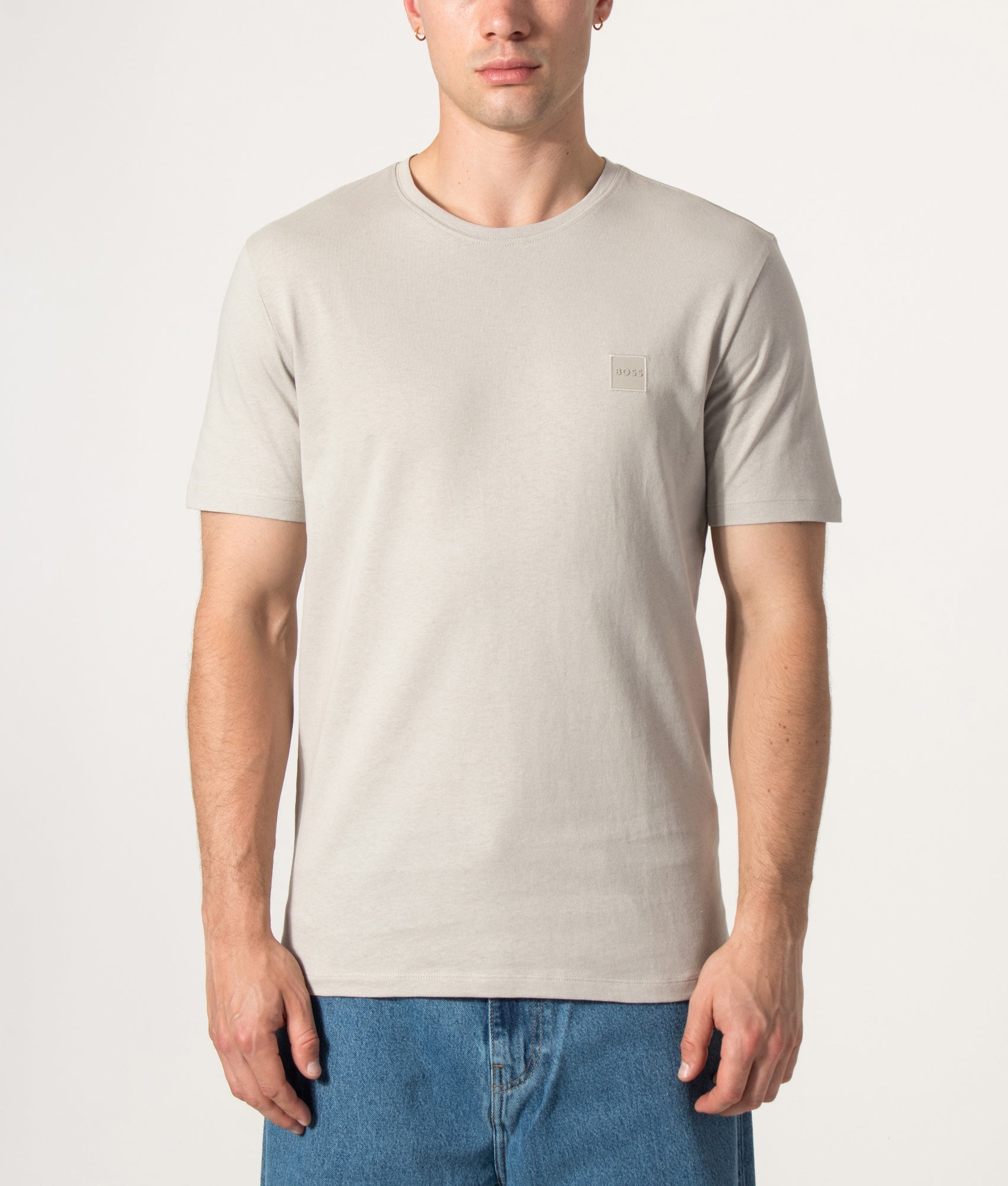 BOSS Regular Fit Tales T-Shirt in Open Grey at EQVVS Menswear. Front shot.