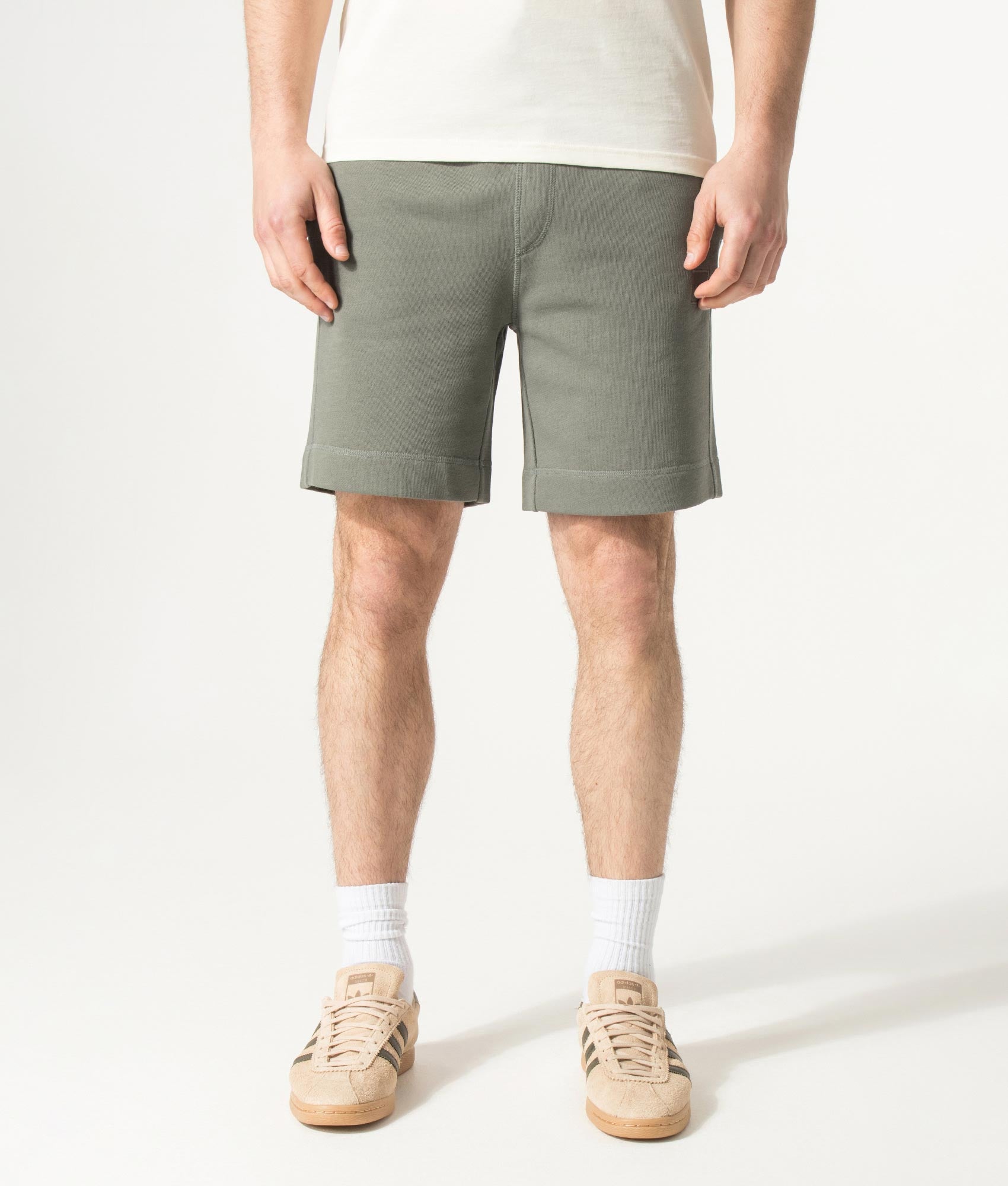 BOSS Sewalk Sweat Shorts in Open Grey at EQVVS Menswear. Model front shot.