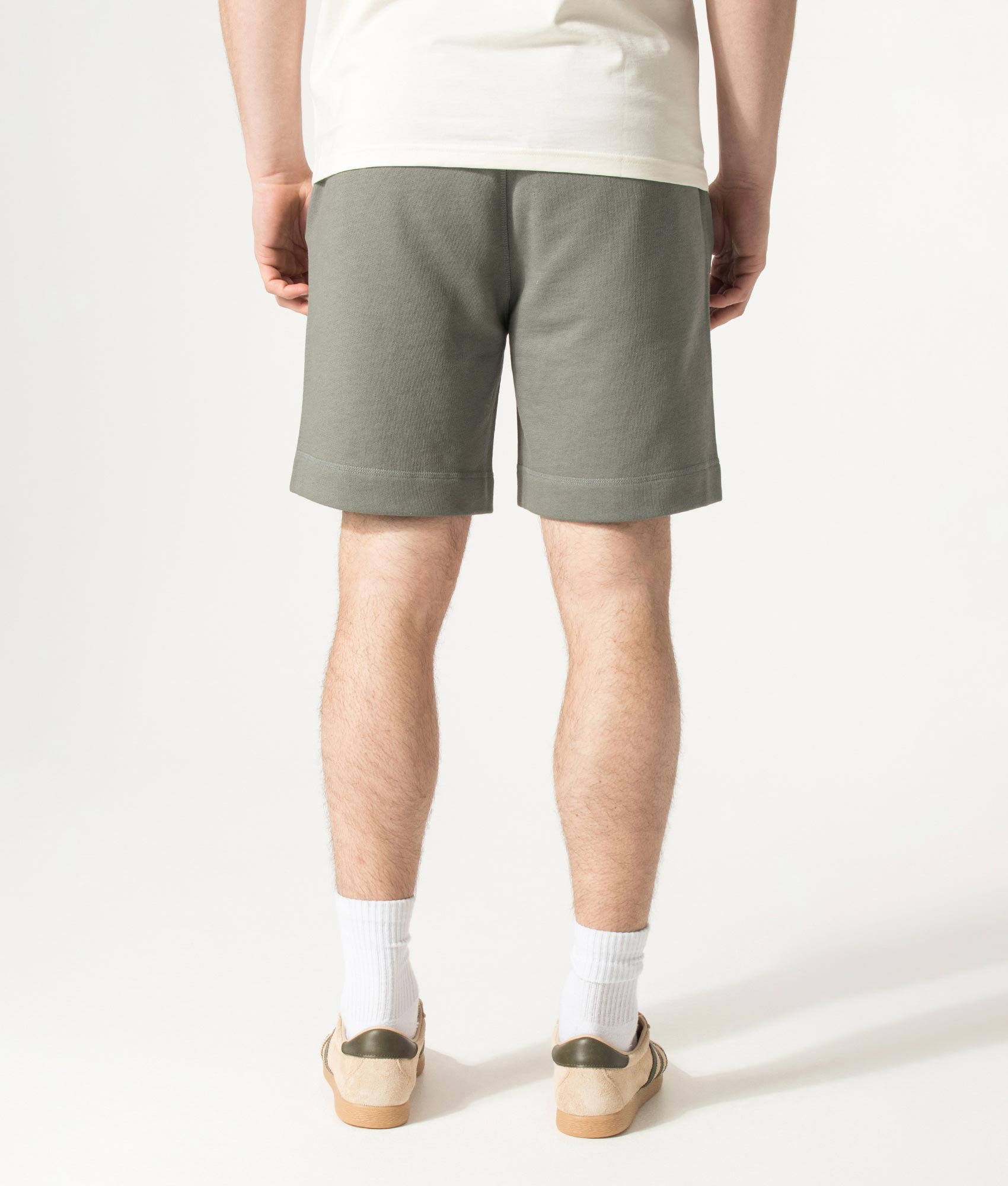 BOSS Sewalk Sweat Shorts in Open Grey at EQVVS Menswear. Model back shot.