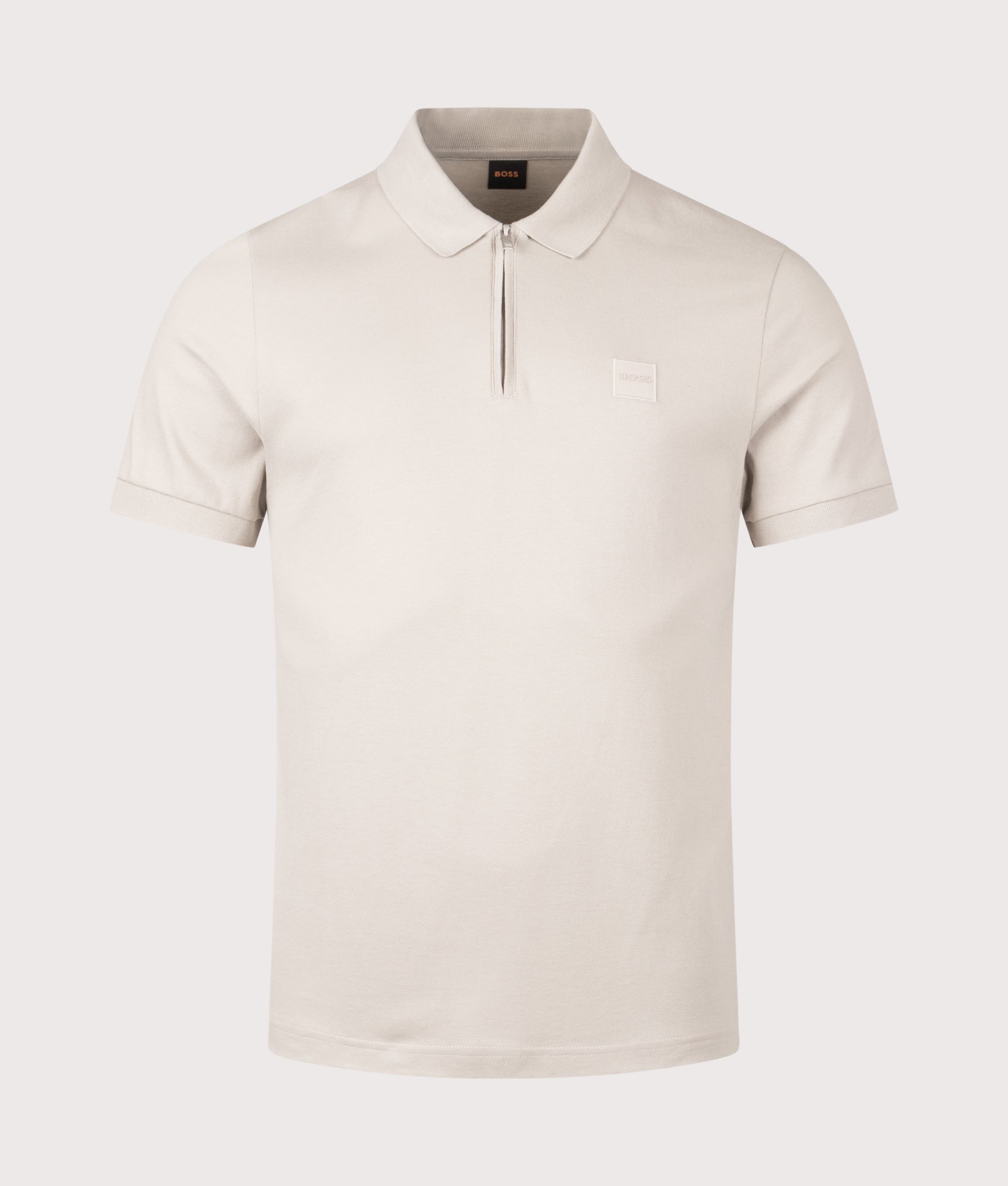 Boss Slim Fit Passerzip Polo Shirt in Open Grey at EQVVS Menswear. Front shot.