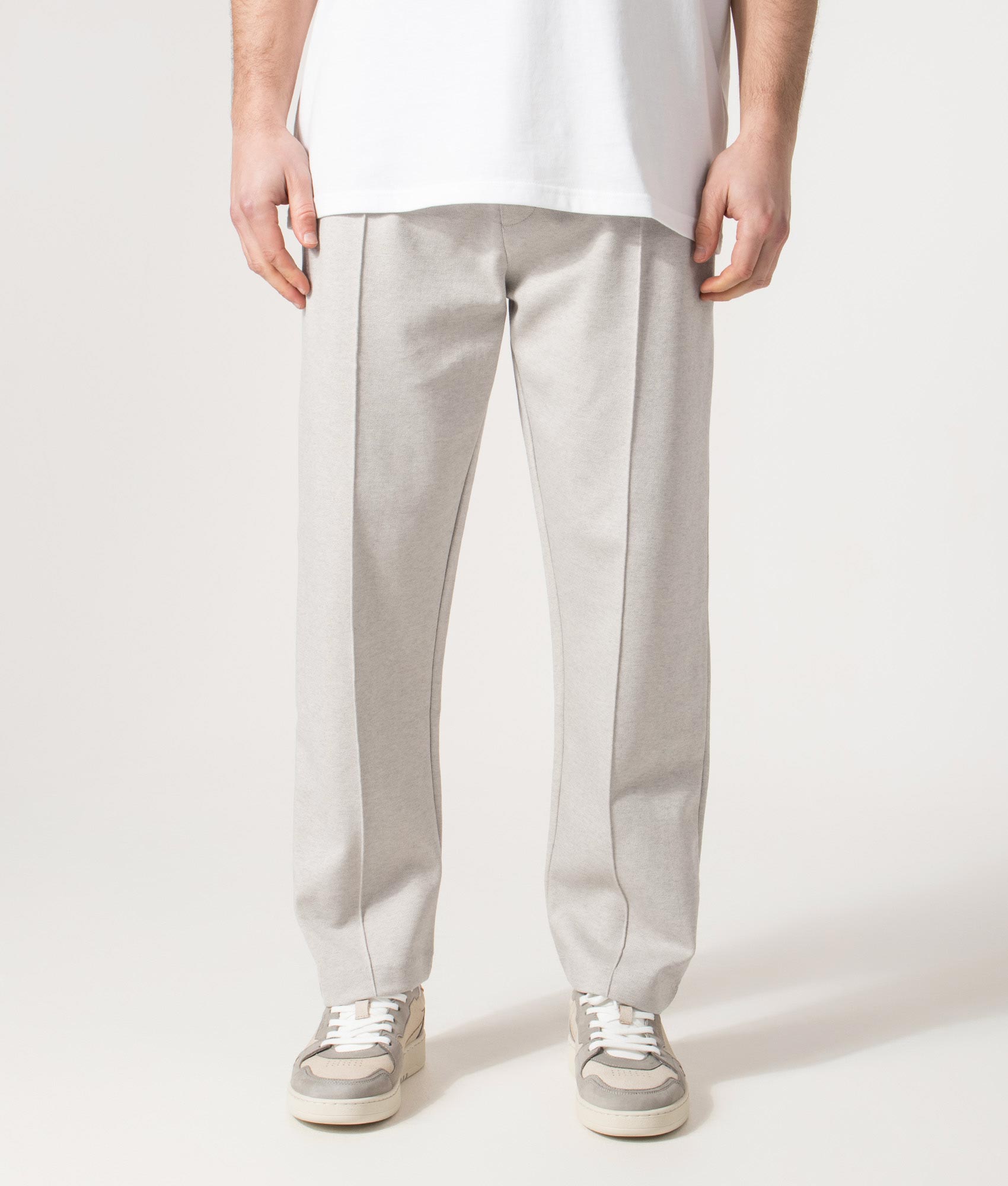 Relaxed Fit Twist Pleated Pants in Open Grey | BOSS | EQVVS | Front model shot 