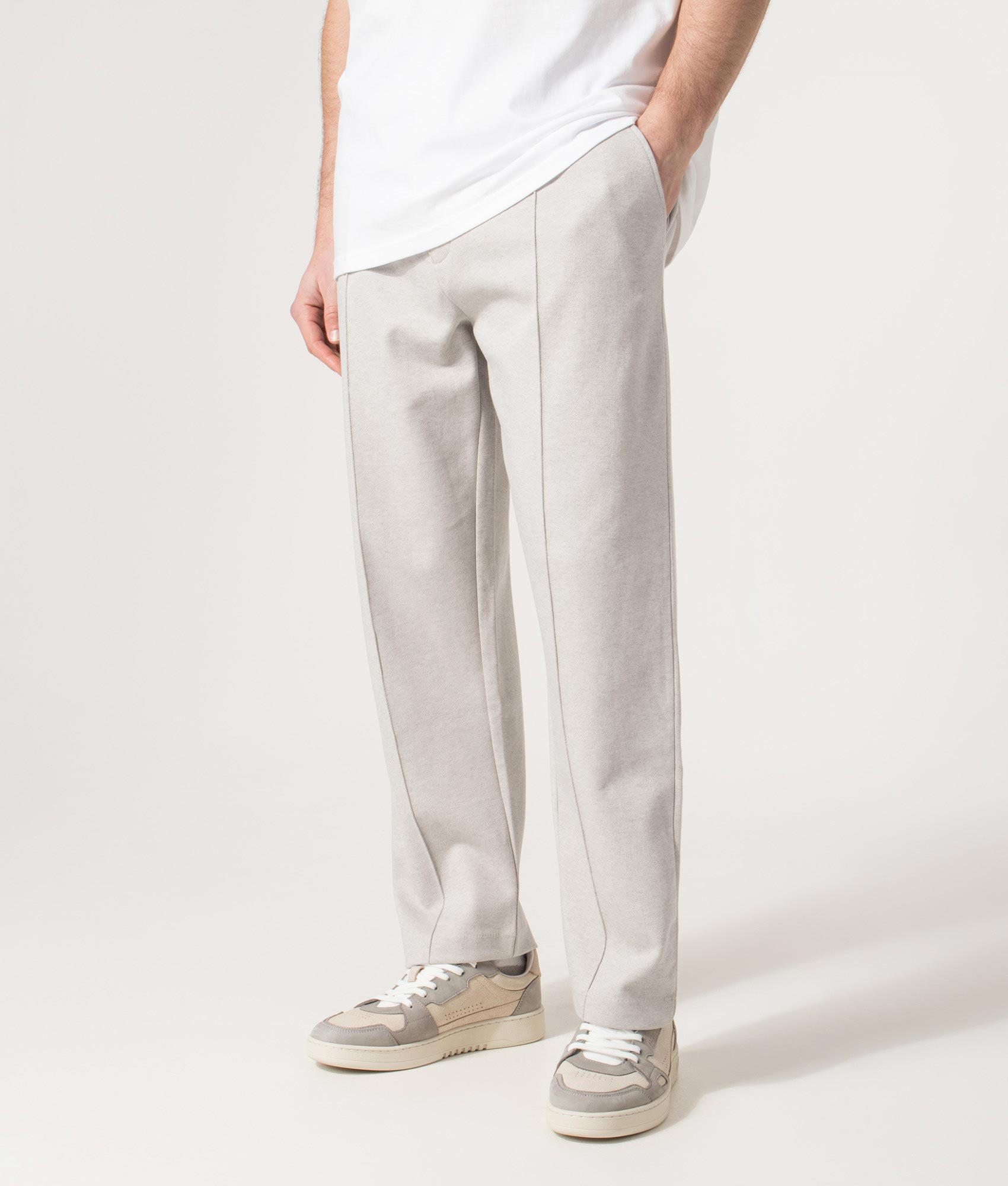 Relaxed Fit Twist Pleated Pants in Open Grey | BOSS | EQVVS | Front angle model shot 