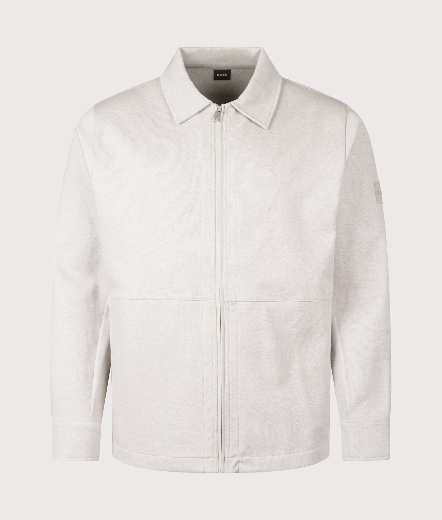 BOSS Relaxed Fit Pe Twist Lightweight Overshirt in Open Grey at EQVVS Menswear. Front shot.