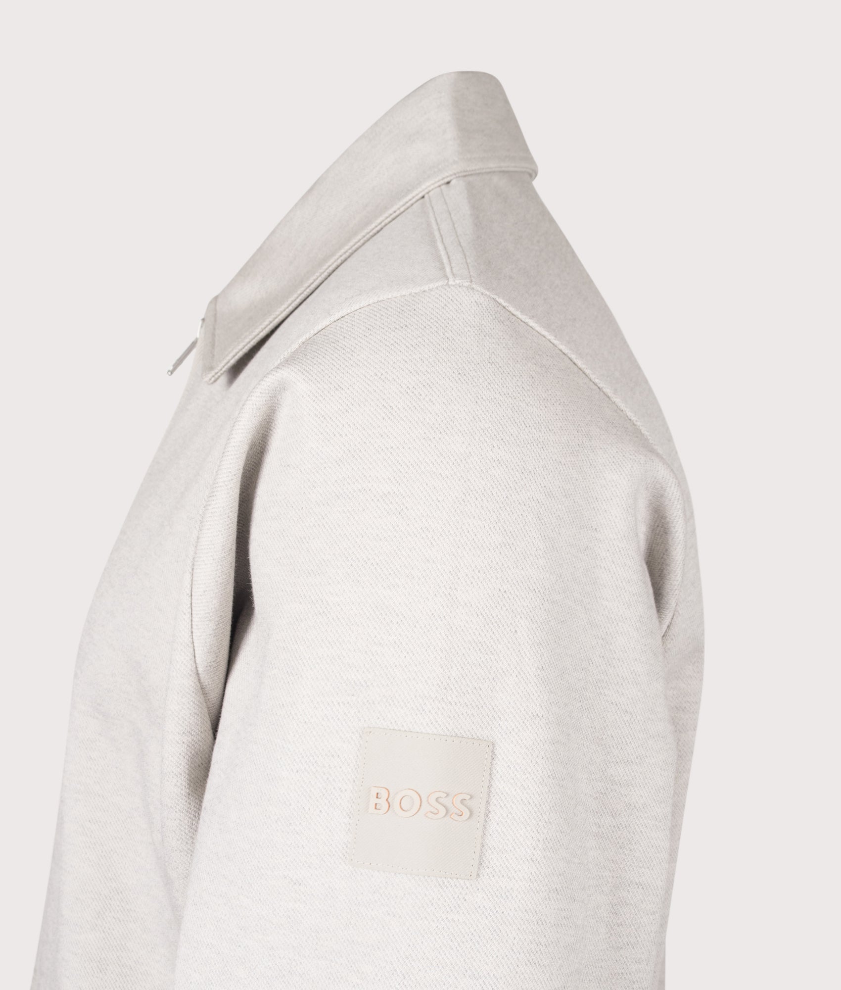 BOSS Relaxed Fit Pe Twist Lightweight Overshirt in Open Grey at EQVVS Menswear. Detail shot.