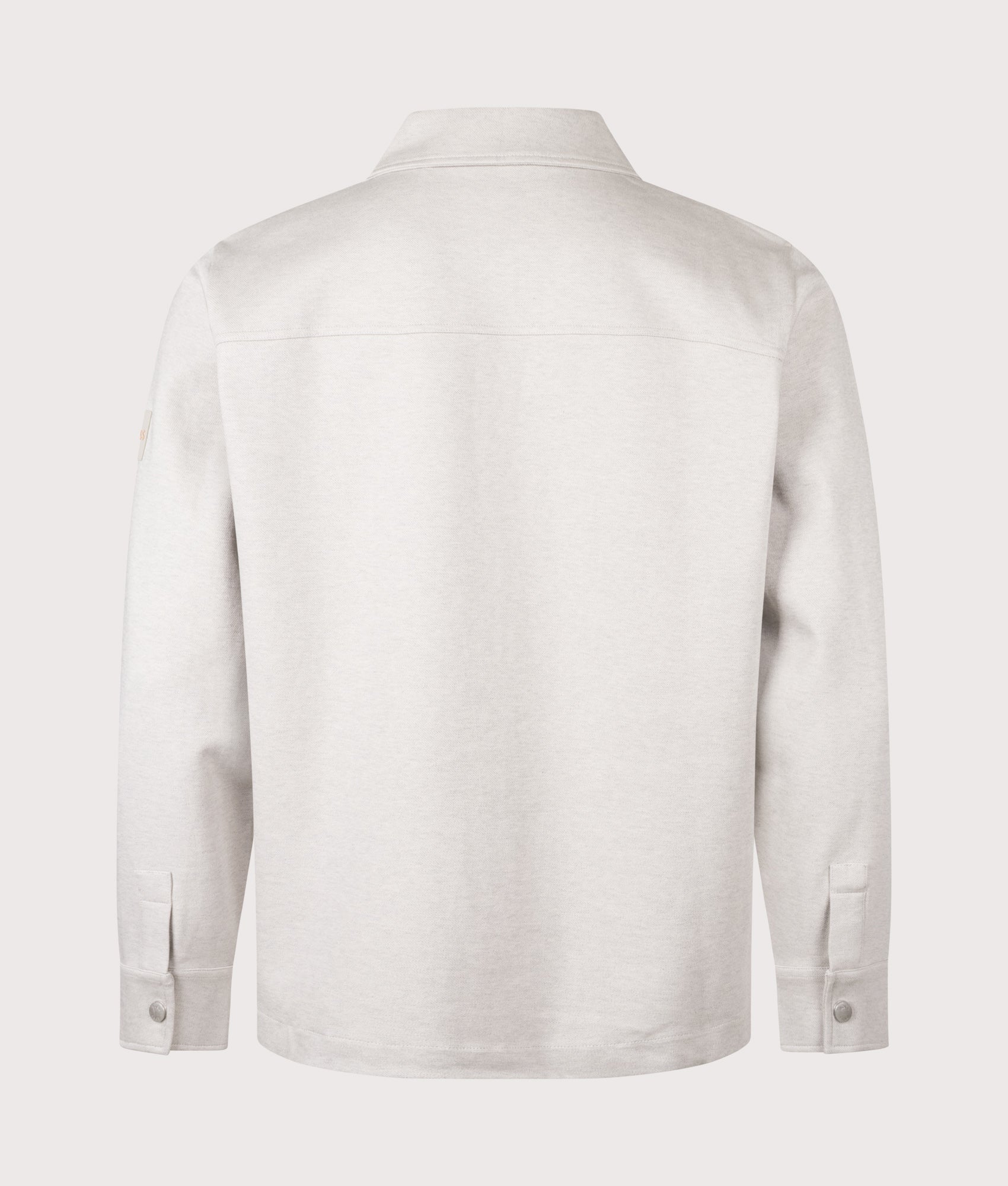 BOSS Relaxed Fit Pe Twist Lightweight Overshirt in Open Grey at EQVVS Menswear. Back shot.