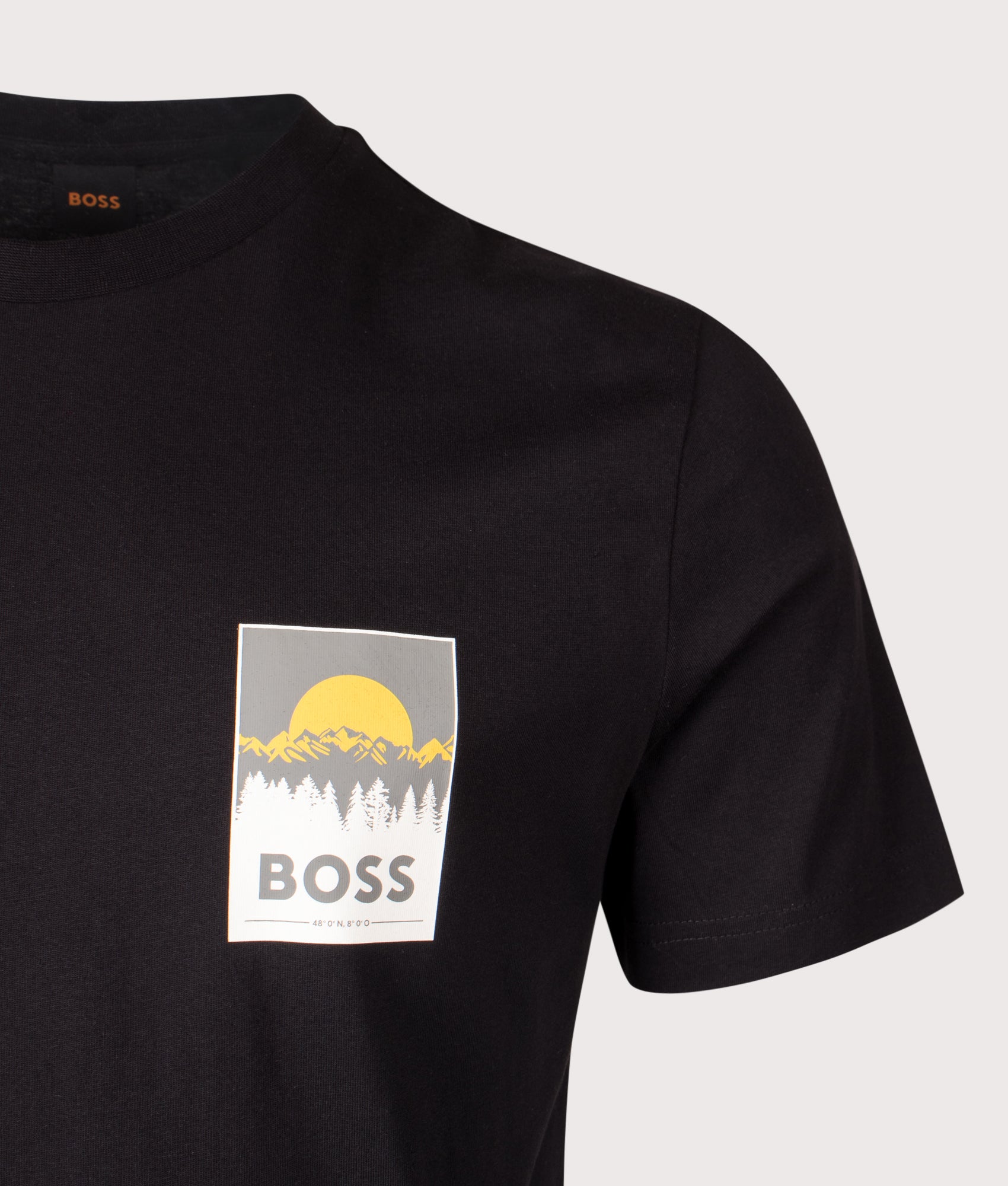 BOSS Te Plain T-Shirt in Black at EQVVS Menswear. Detail shot.