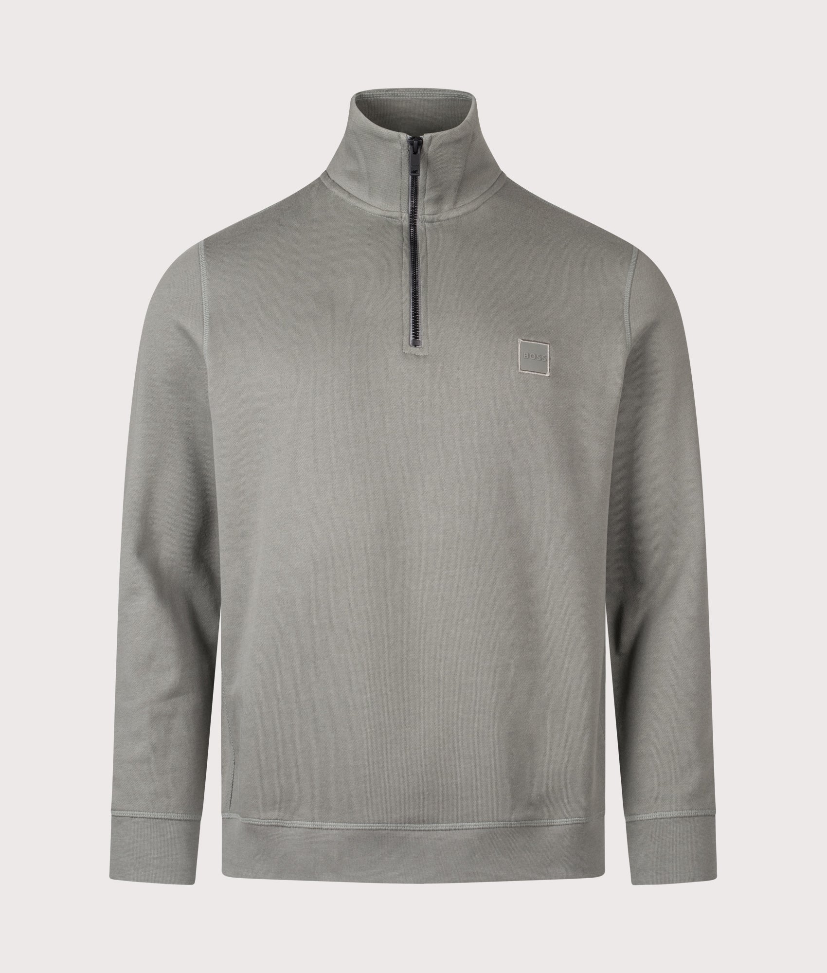 BOSS Quarter Zip Zetrust Sweatshirt in Open Grey at EQVVS Menswear. Front shot.