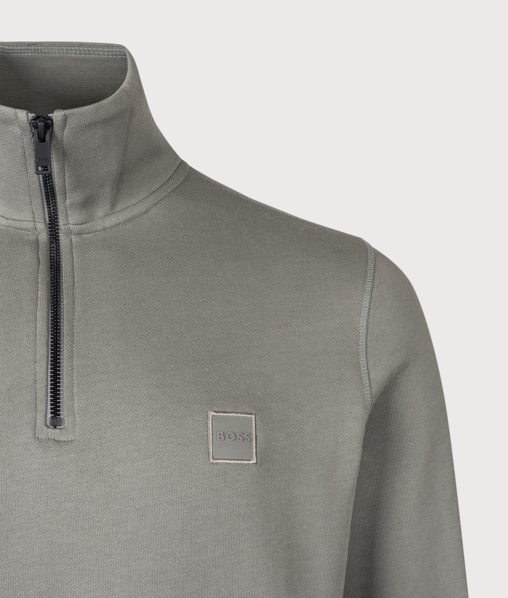 BOSS Quarter Zip Zetrust Sweatshirt in Open Grey at EQVVS Menswear. Detail shot.