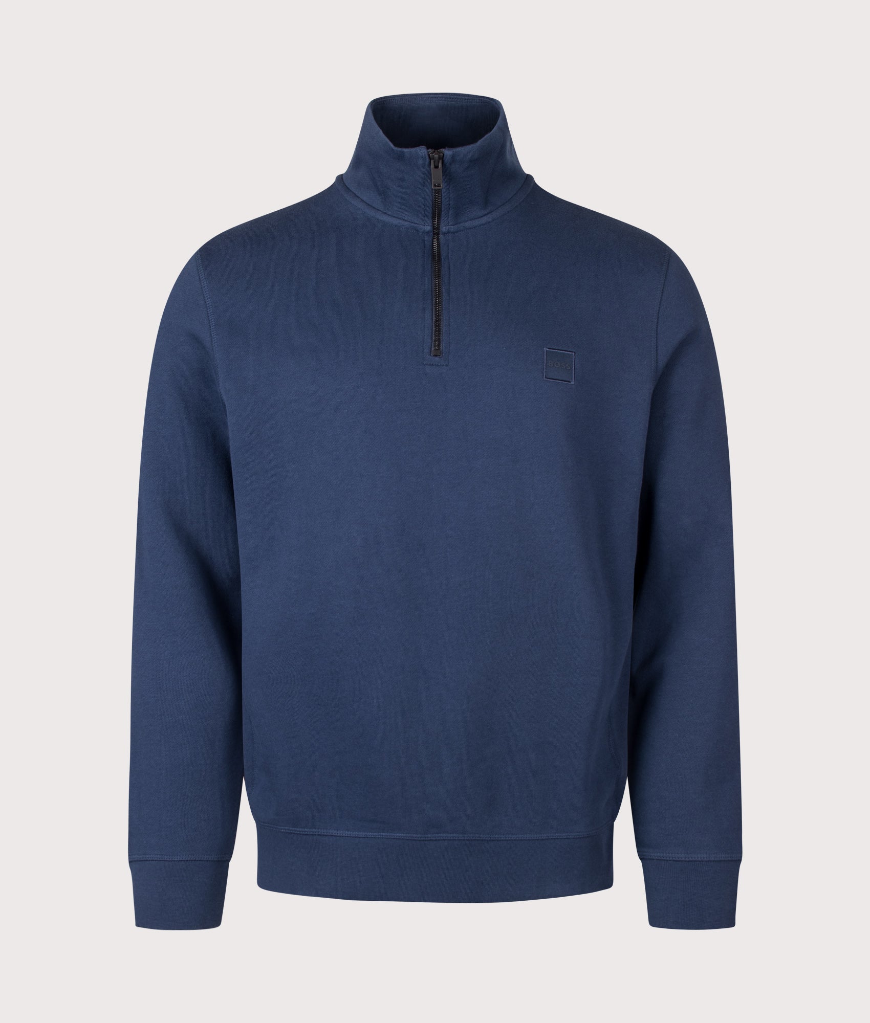 BOSS Zetrust Quarter Zip Sweatshirt in Open Blue at EQVVS Menswear. Front shot.