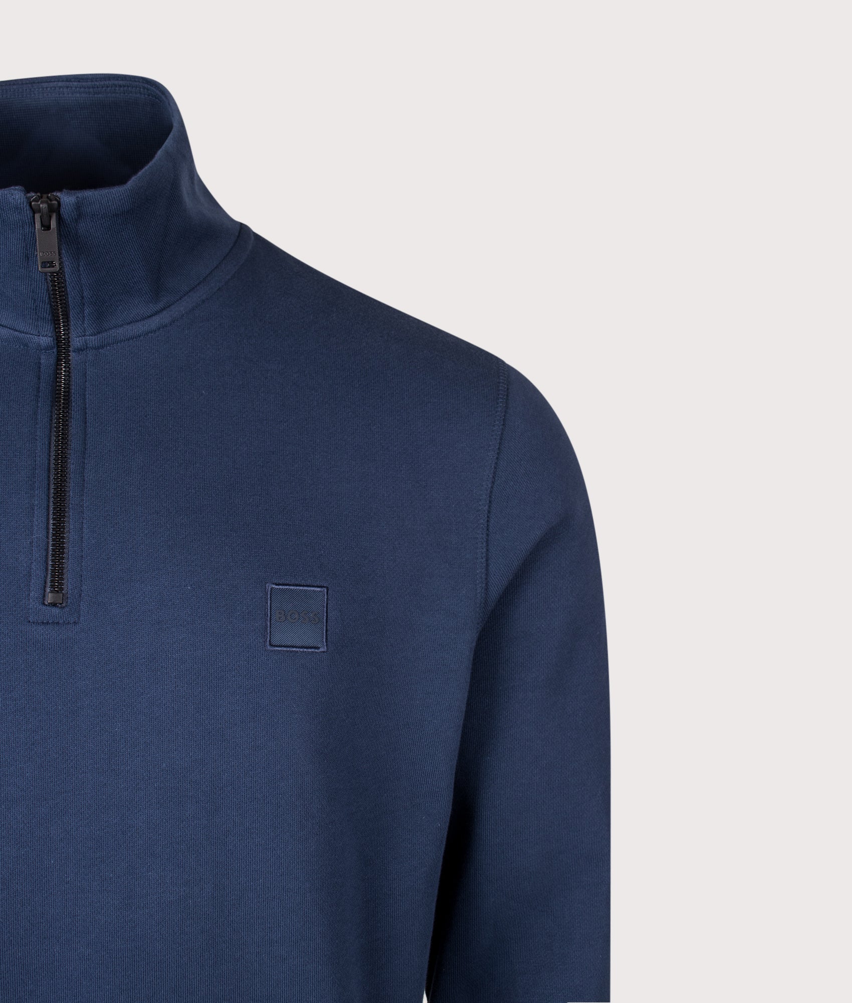 BOSS Zetrust Quarter Zip Sweatshirt in Open Blue at EQVVS Menswear. Detail shot.