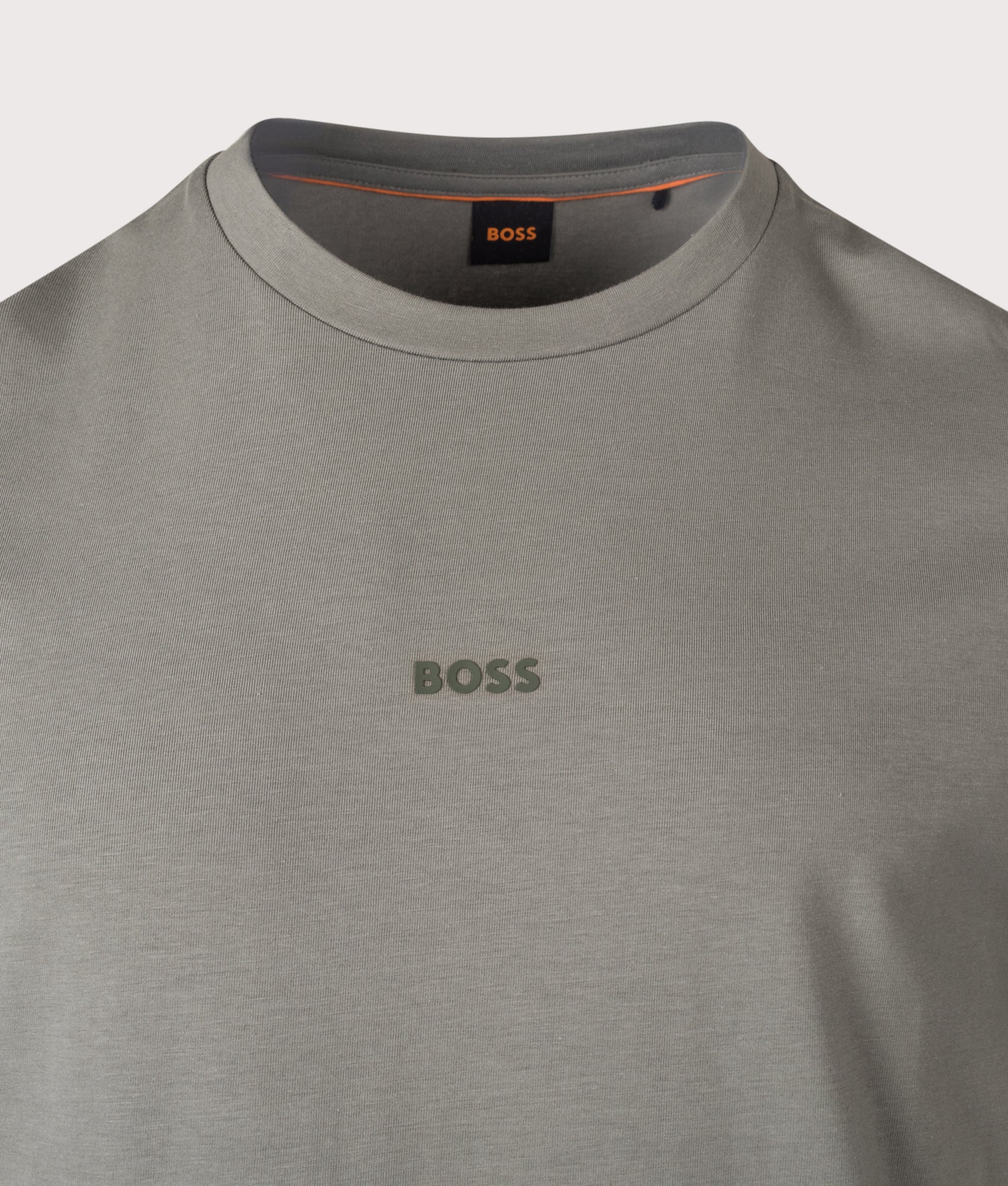 BOSS Relaxed Fit TChup T-Shirt in Open Grey at EQVVS Menswear. Detail shot.
