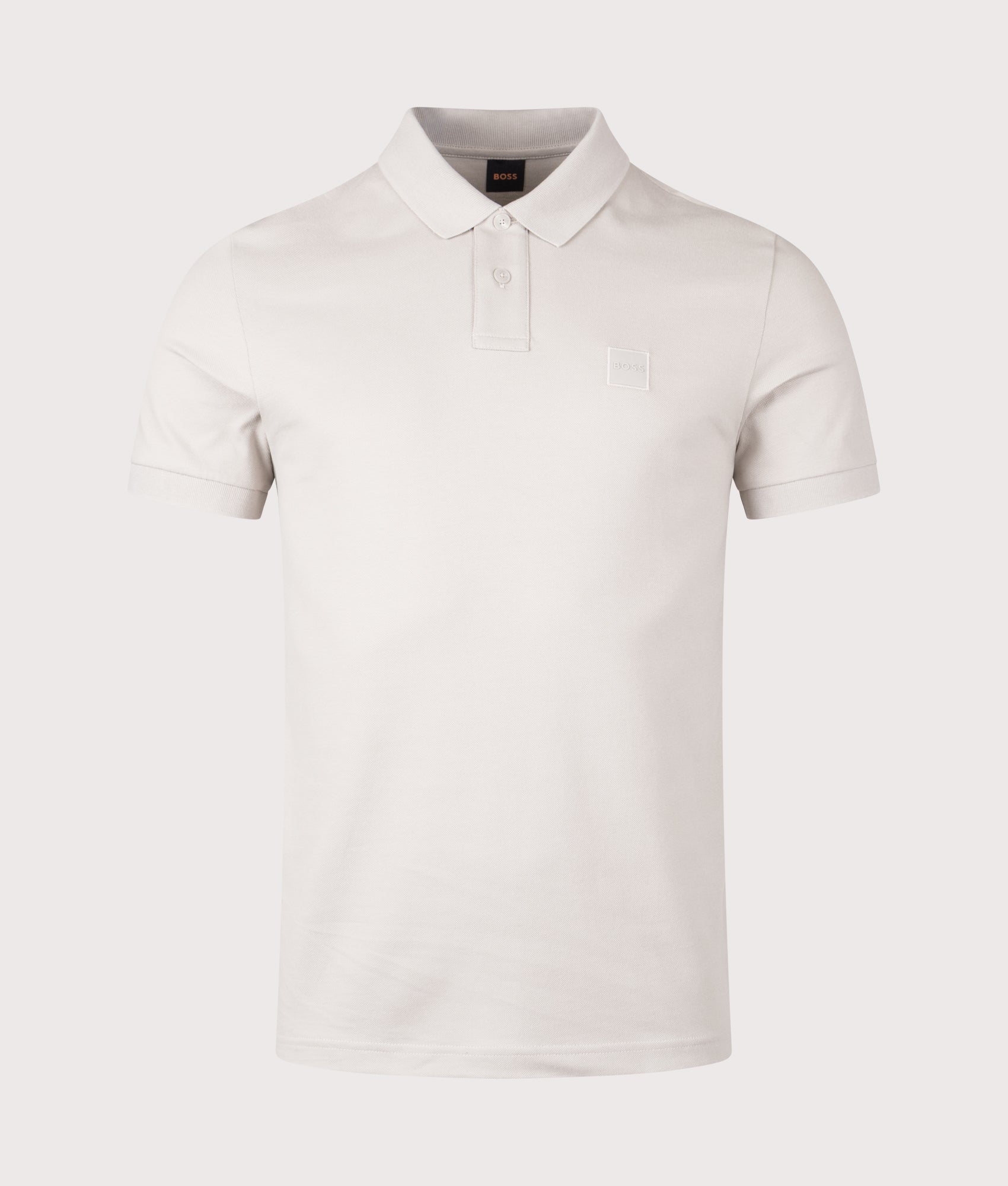 BOSS Slim Fit Passenger Polo Shirt in Open Grey at EQVVS Menswear. Front shot.
