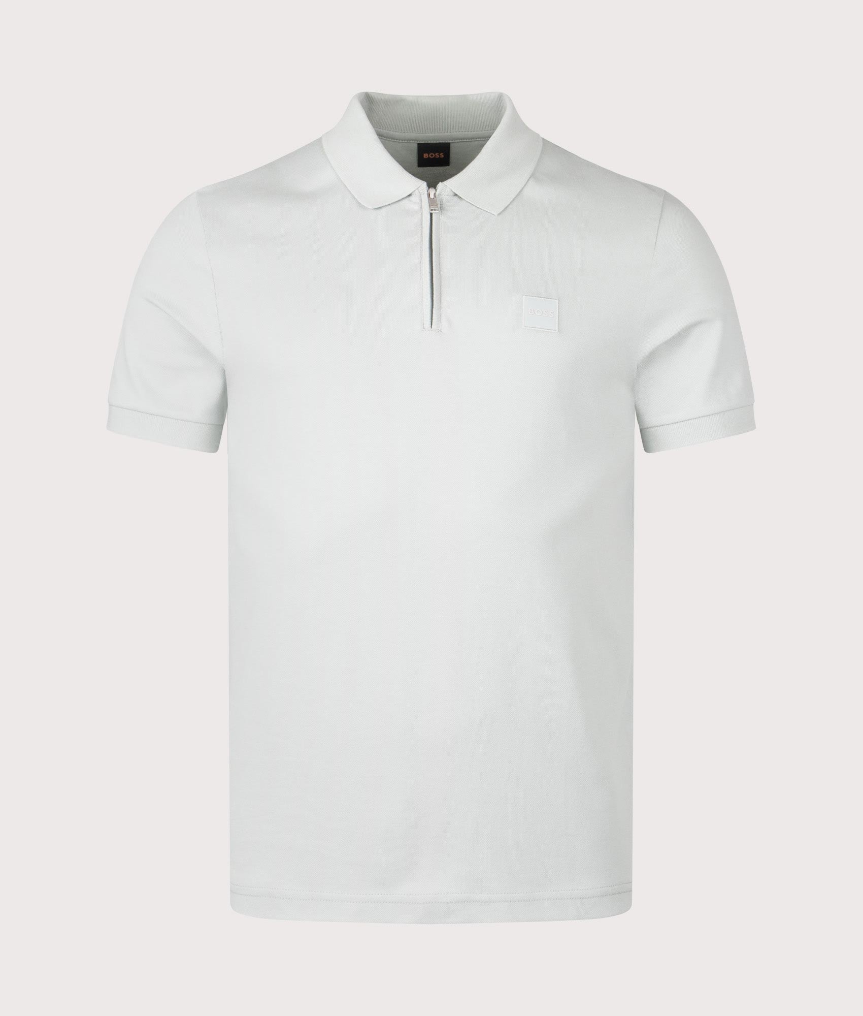Slim Fit Passerzip Polo Shirt in Silver by BOSS. Shot by EQVVS. Front shot.
