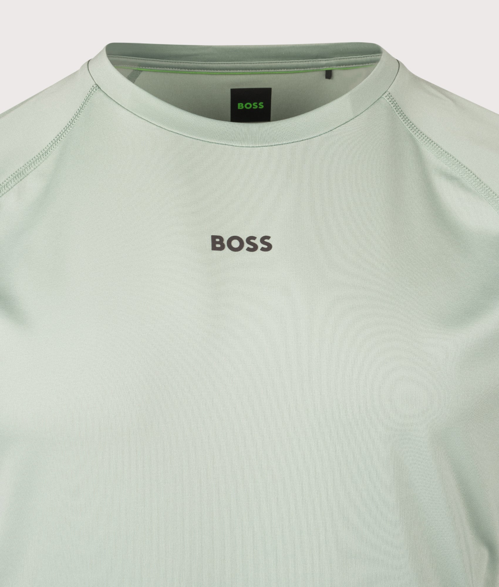 BOSS Slim Fit Active 1 T-Shirt in open green at EQVVS Menswear. Detail shot.