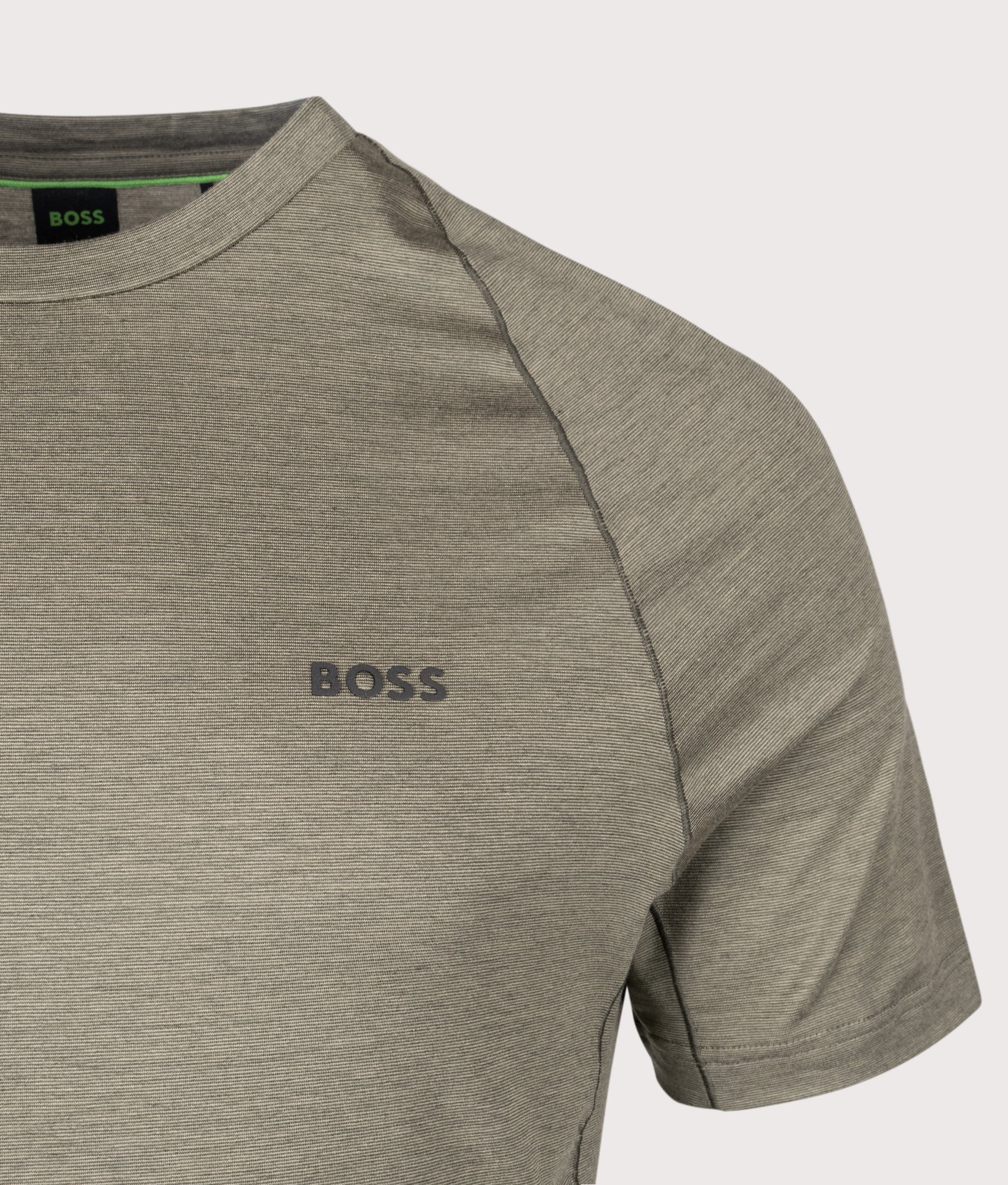 BOSS Slim Fit Tour Wool T-Shirt in Dark Beige at EQVVS Menswear. Detail shot.