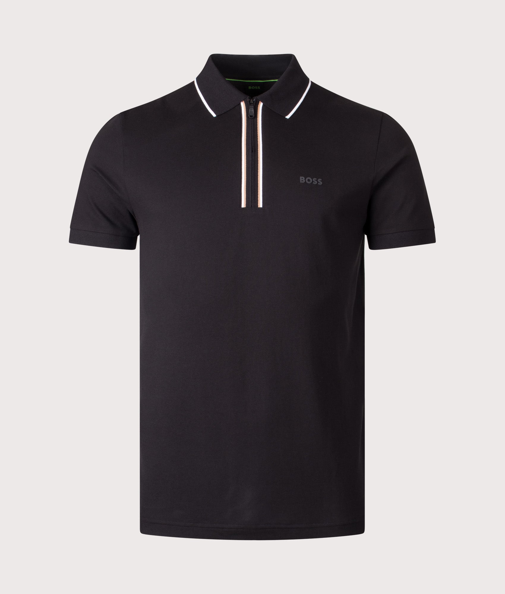 Slim Fit Zip Neck Philix Polo Shirt in Black | BOSS | EQVVS | Front shot 