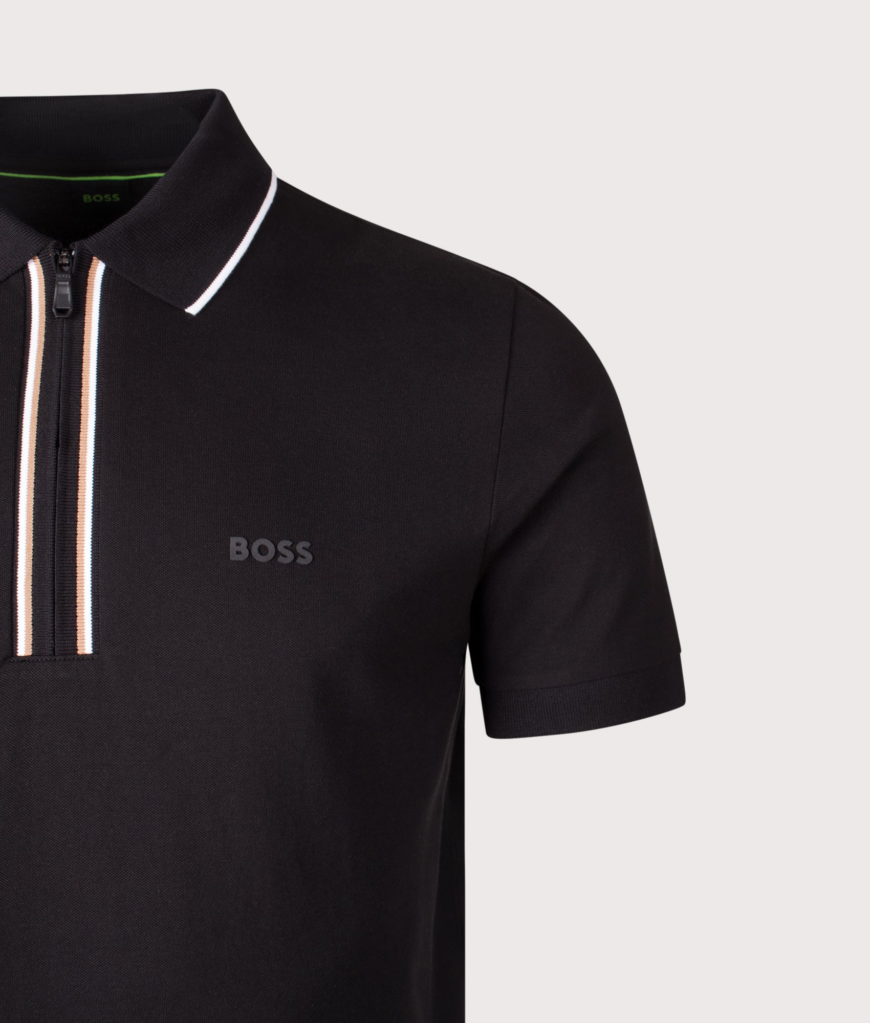 Slim Fit Zip Neck Philix Polo Shirt in Black | BOSS | EQVVS | Front detail shot 