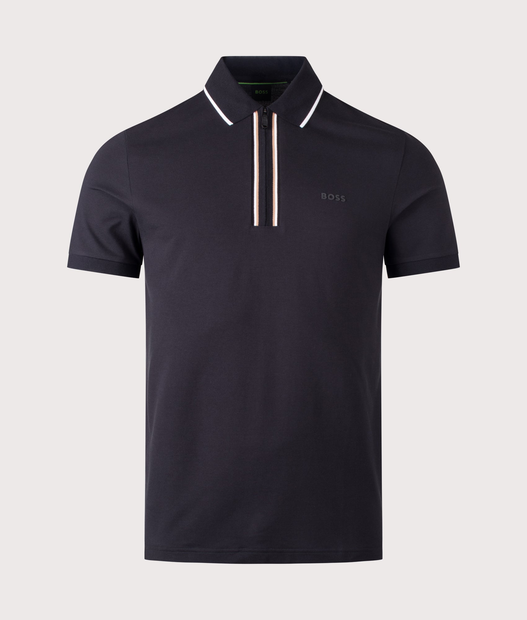 BOSS Slim Fit Philix Polo Shirt in Dark Blue at EQVVS Menswear. Front shot.